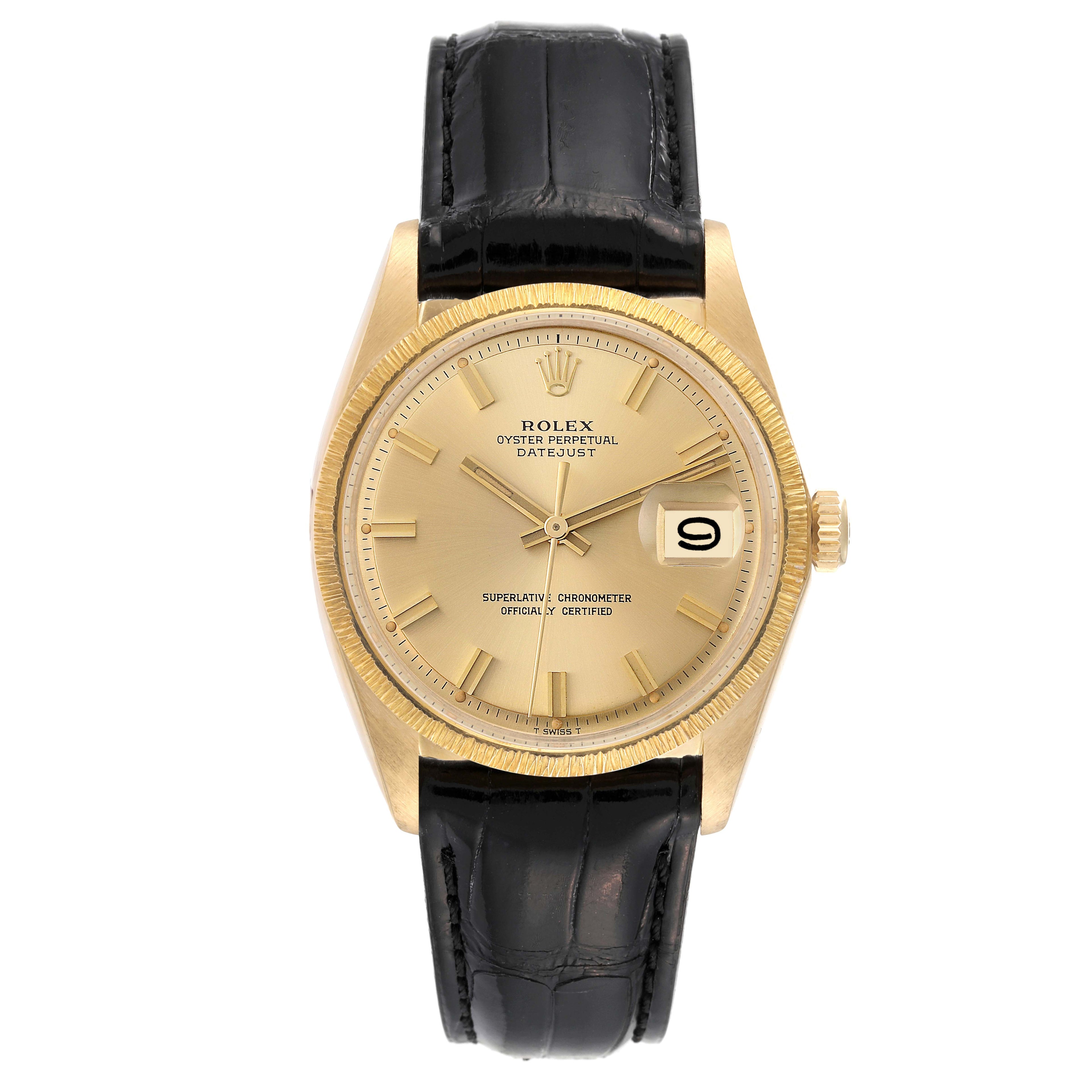 Rolex Datejust Yellow Gold Bark Finish Wide Boy Dial Vintage Mens Watch 1607
