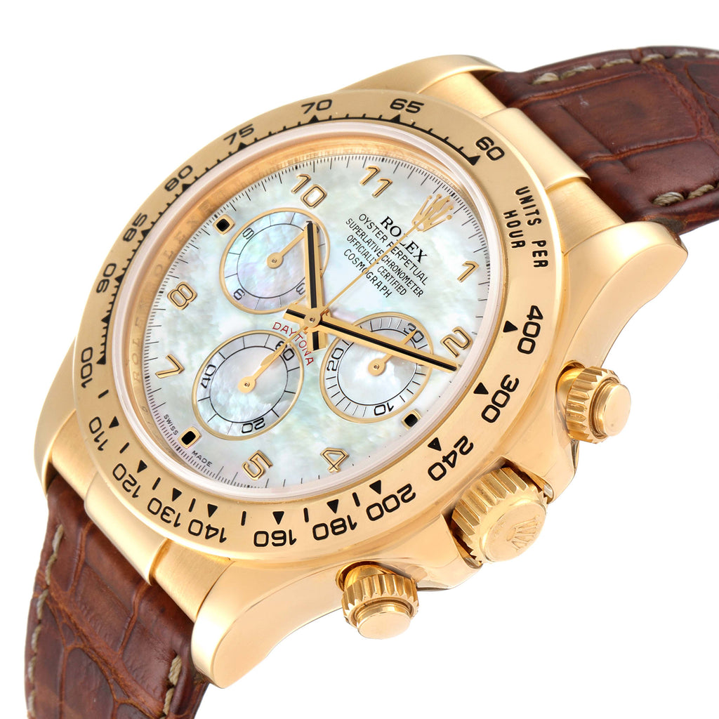 Rolex Daytona 18K Yellow Gold MOP Dial Brown Strap Mens Watch 116518