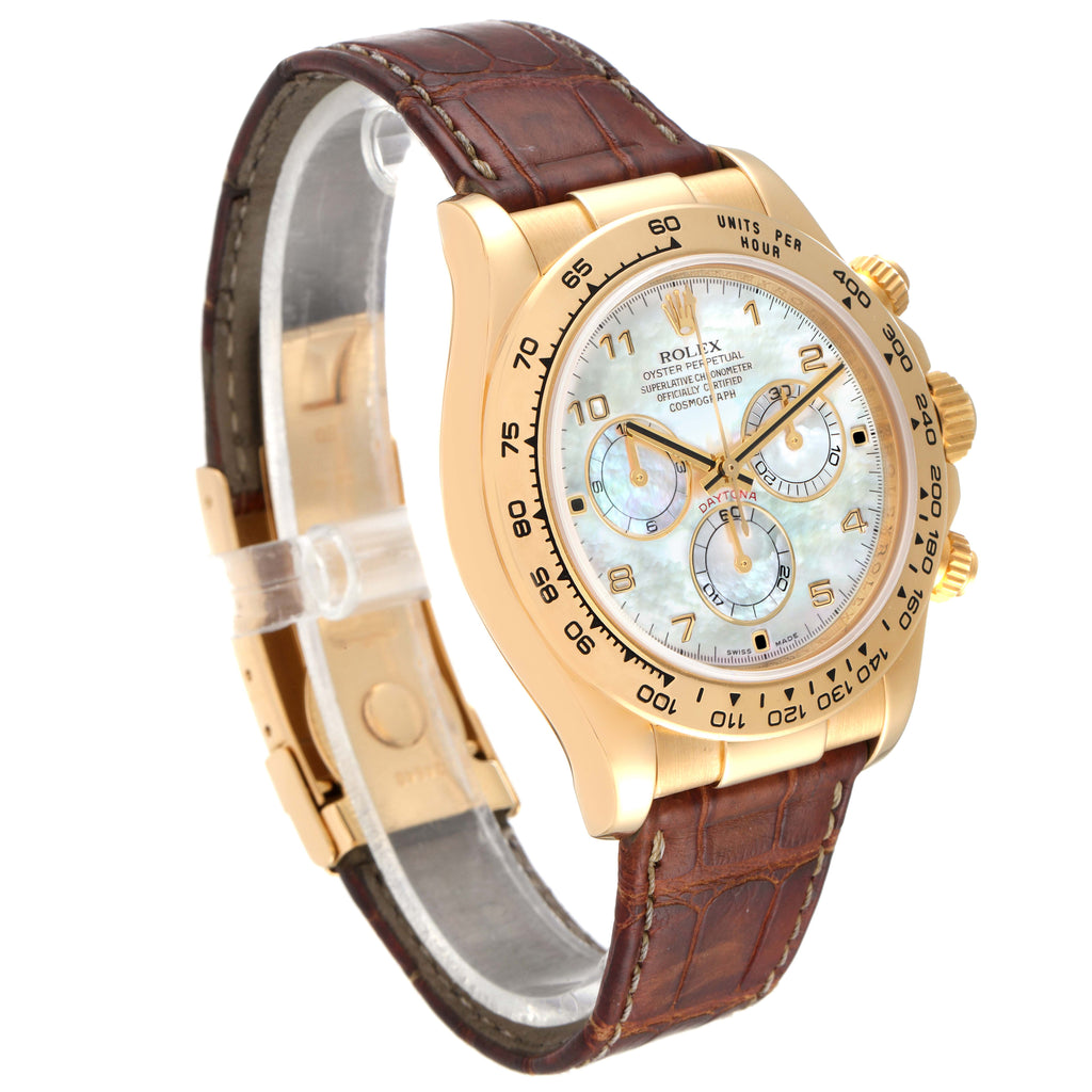 Rolex Daytona 18K Yellow Gold MOP Dial Brown Strap Mens Watch 116518