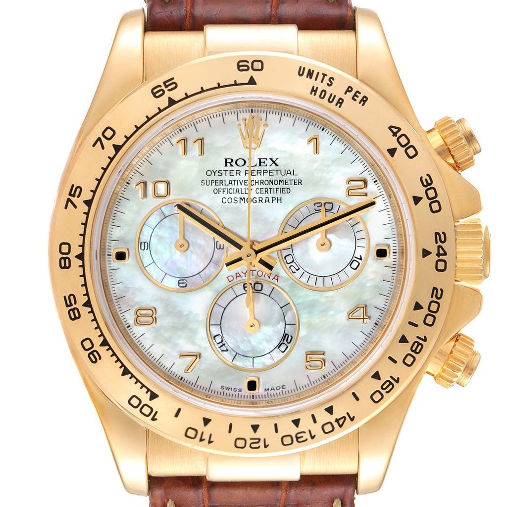 Rolex Daytona 18K Yellow Gold MOP Dial Brown Strap Mens Watch 116518