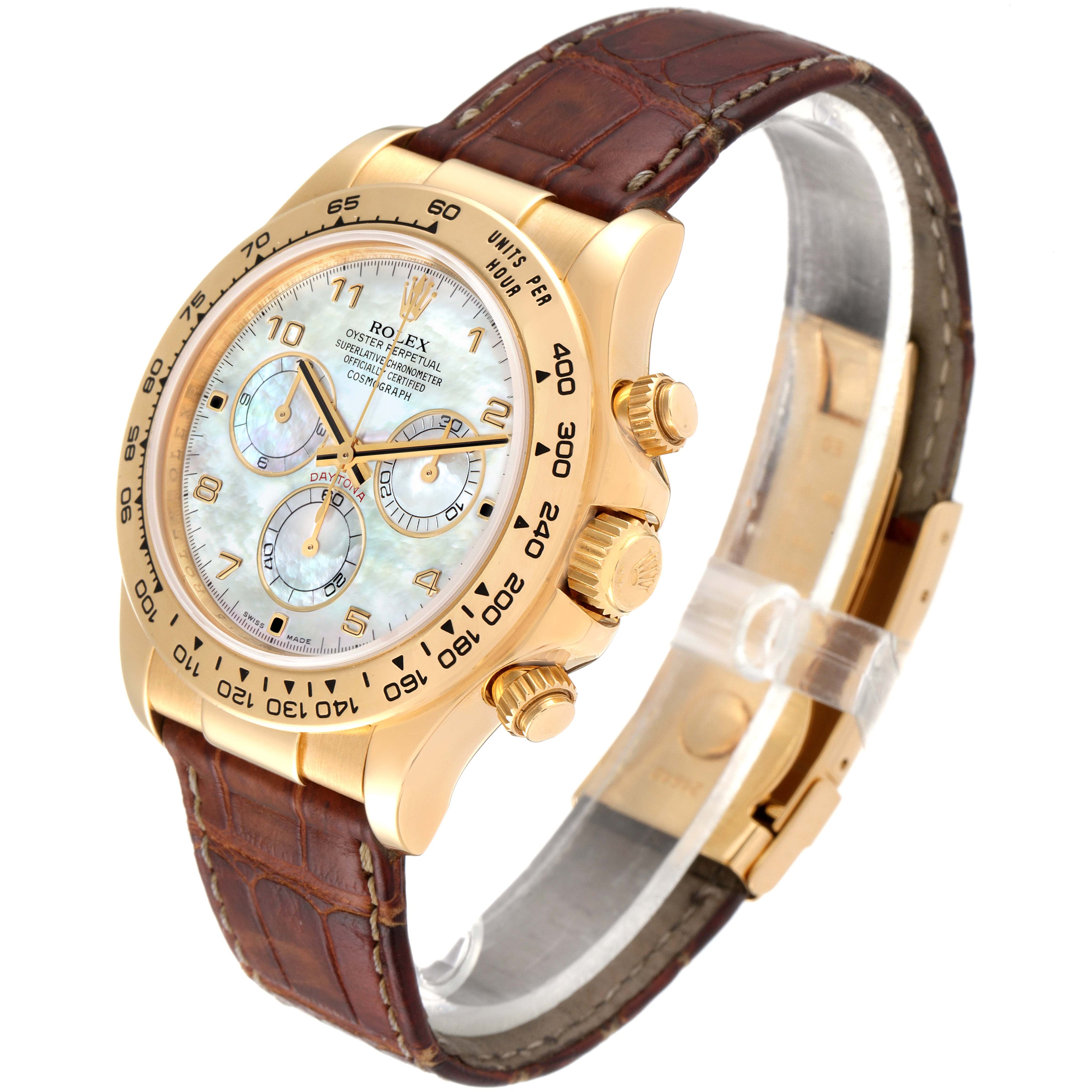 Rolex Daytona 18K Yellow Gold MOP Dial Brown Strap Mens Watch 116518