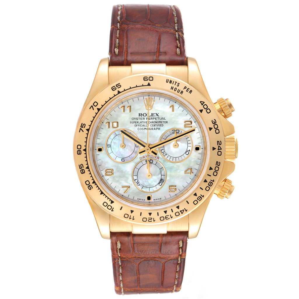 Rolex Daytona 18K Yellow Gold MOP Dial Brown Strap Mens Watch 116518