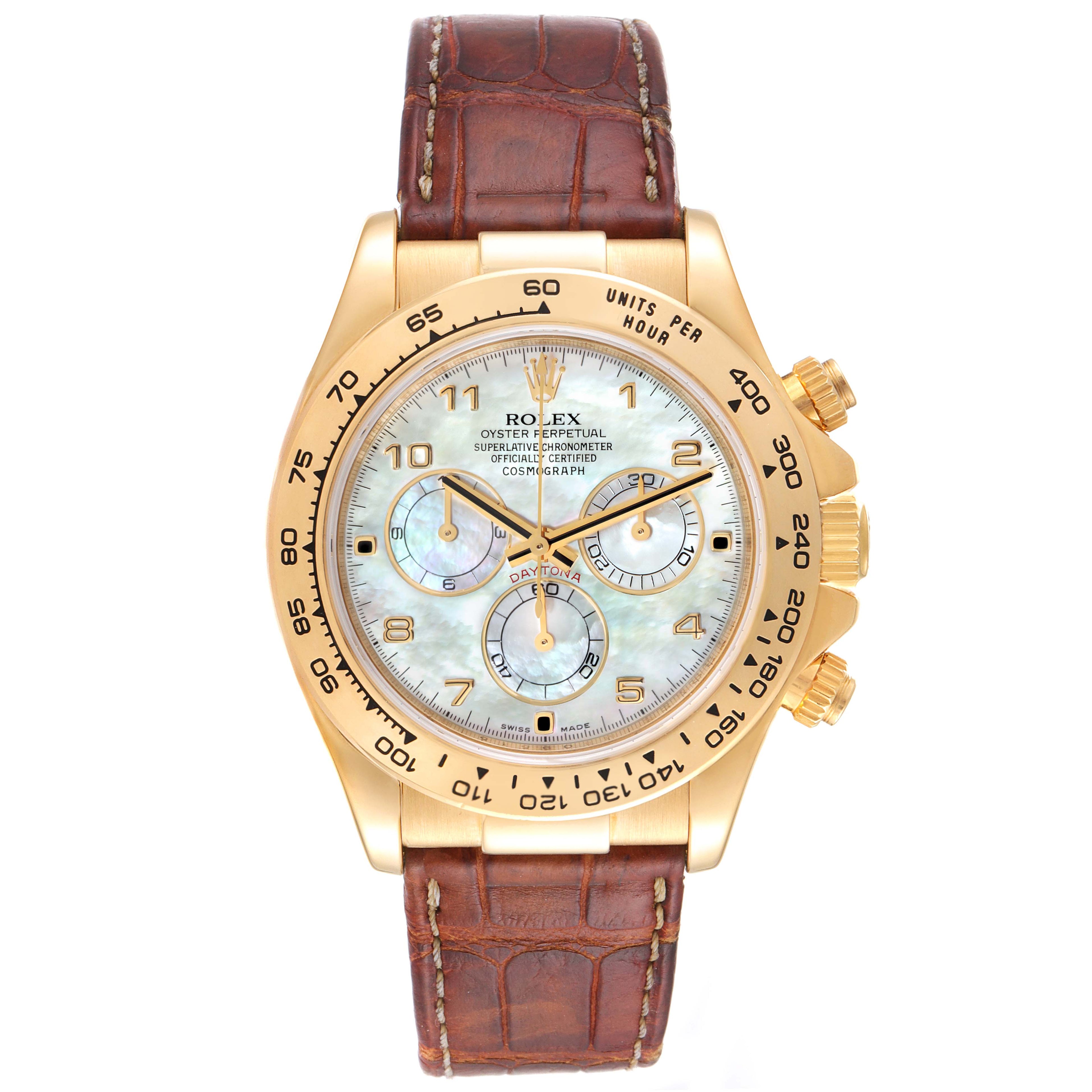 Rolex Daytona 18K Yellow Gold MOP Dial Brown Strap Mens Watch 116518