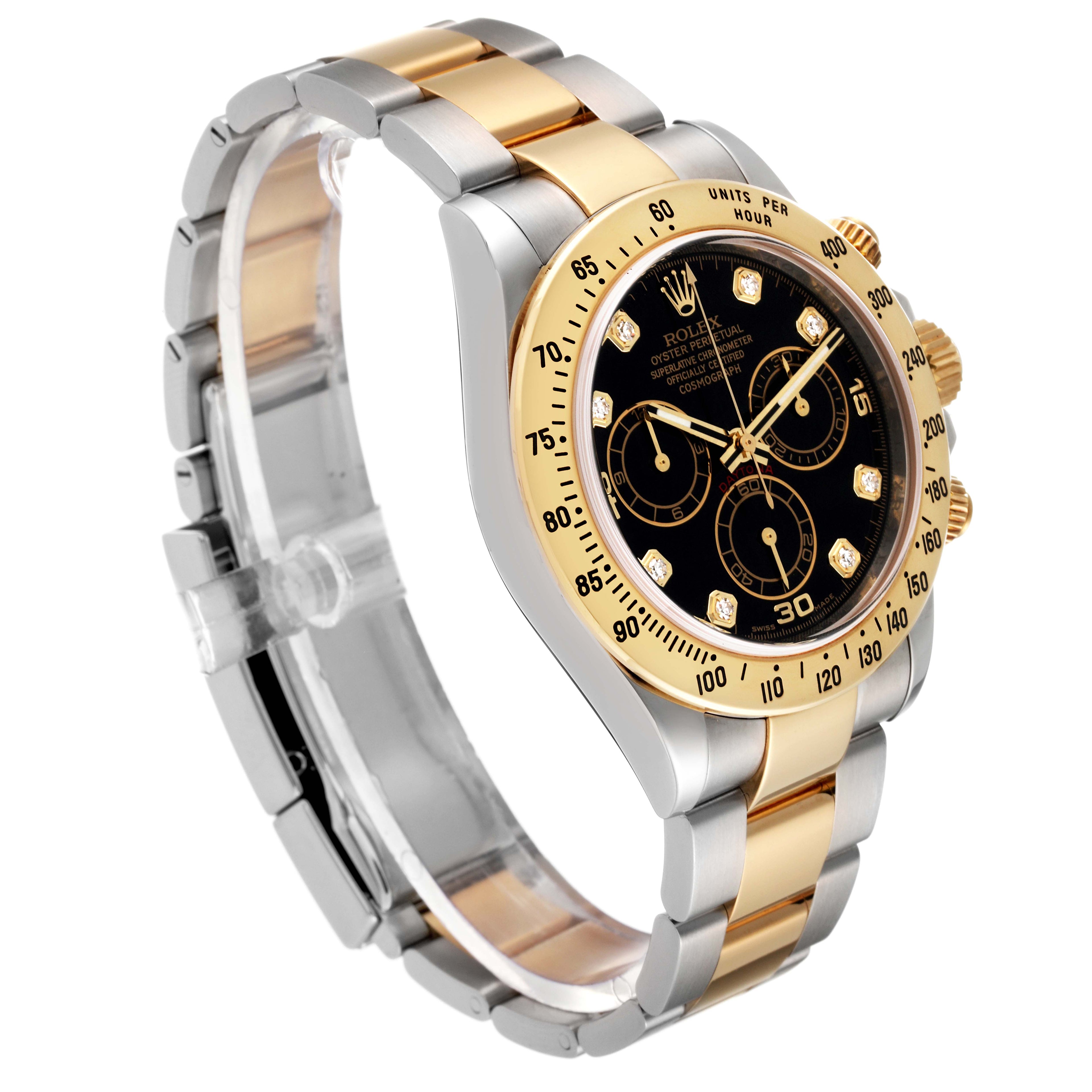 Rolex Daytona Chronograph Steel Yellow Gold Diamond Mens Watch 116523 Box Card