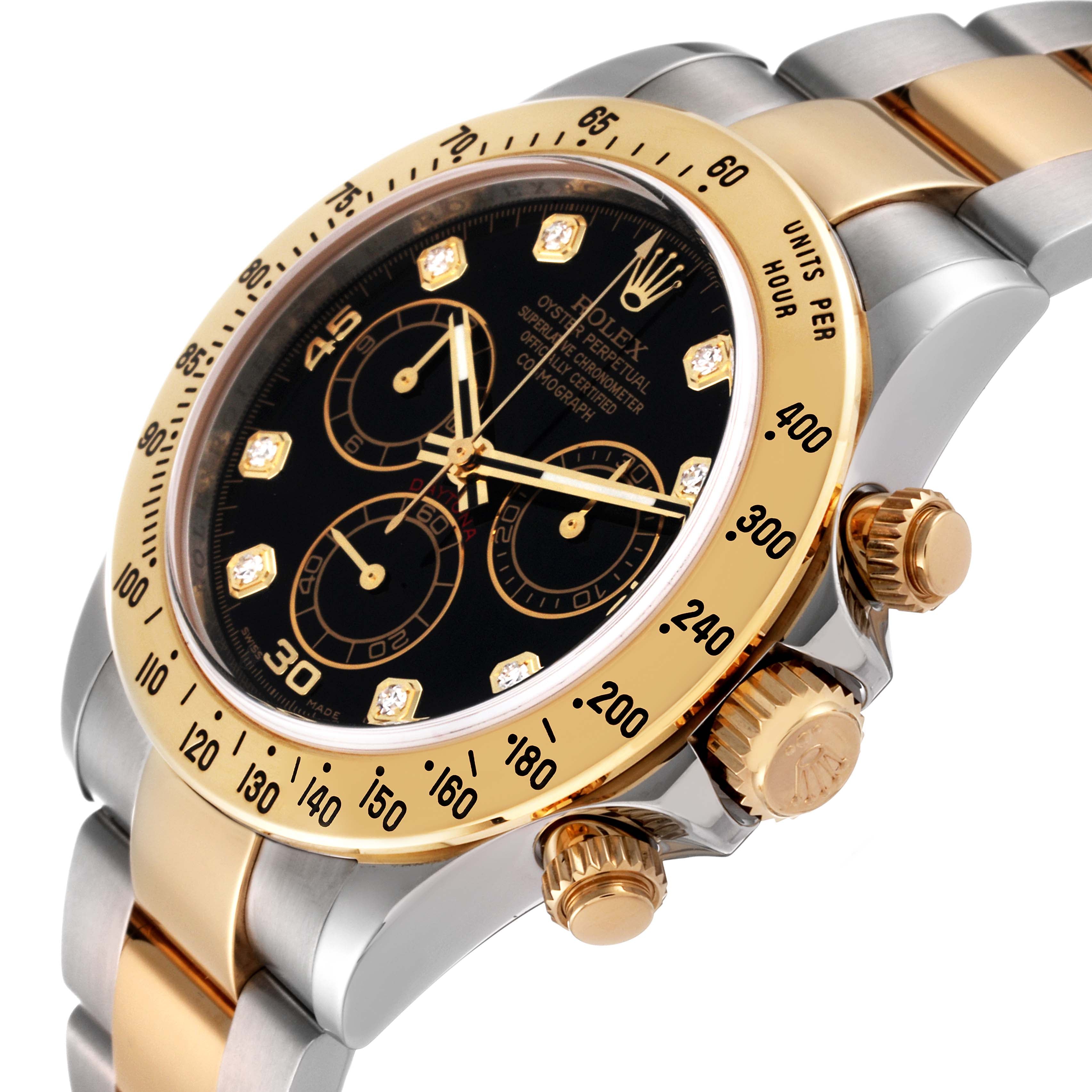 Rolex Daytona Chronograph Steel Yellow Gold Diamond Mens Watch 116523 Box Card