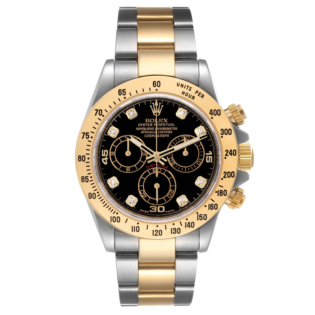 Rolex Daytona Chronograph Steel Yellow Gold Diamond Mens Watch 116523 Box Card