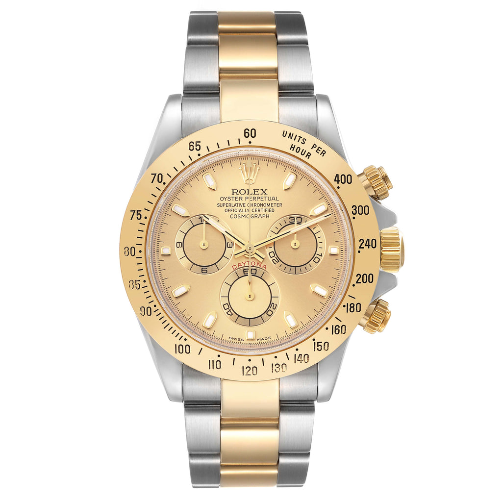 Rolex Daytona Steel 18K Yellow Gold Champagne Dial Mens Watch 116523 Box Papers