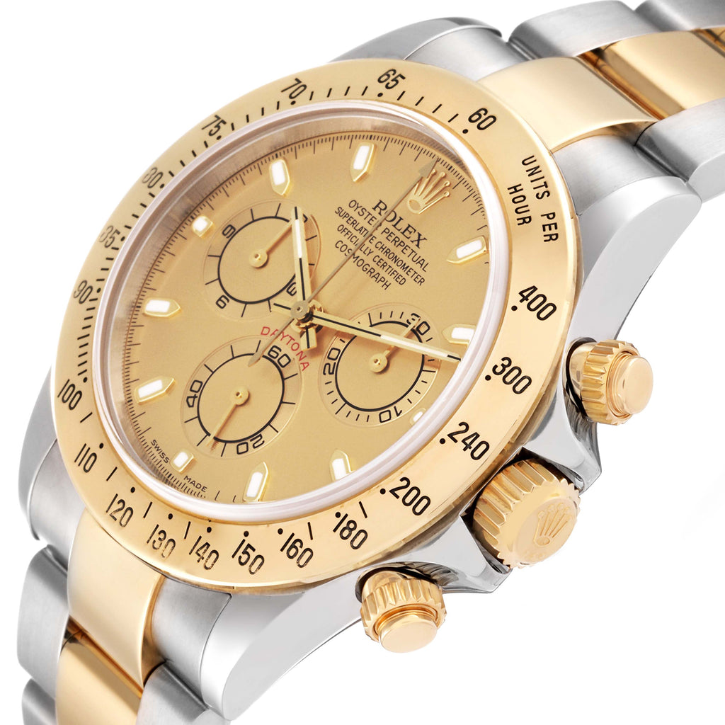 Rolex Daytona Steel 18K Yellow Gold Champagne Dial Mens Watch 116523 Box Papers