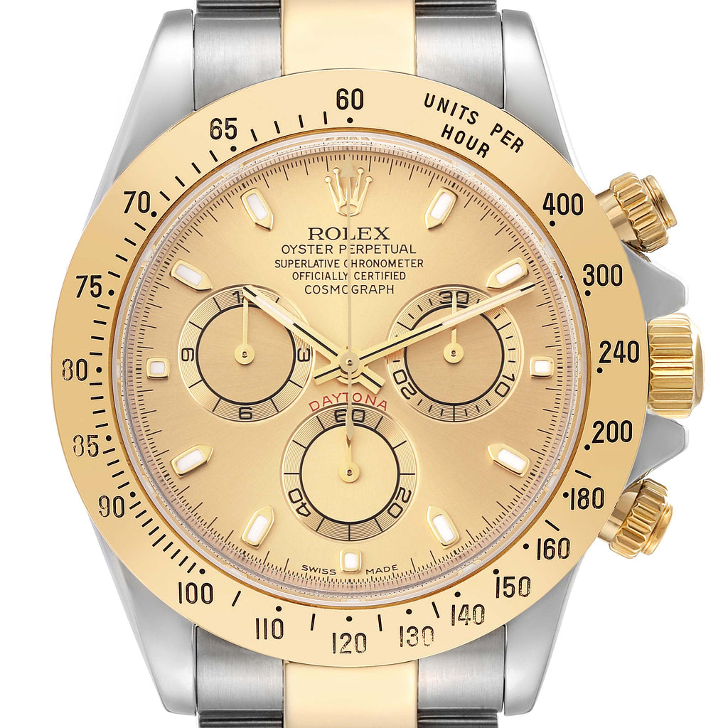 Rolex Daytona Steel 18K Yellow Gold Champagne Dial Mens Watch 116523 Box Papers