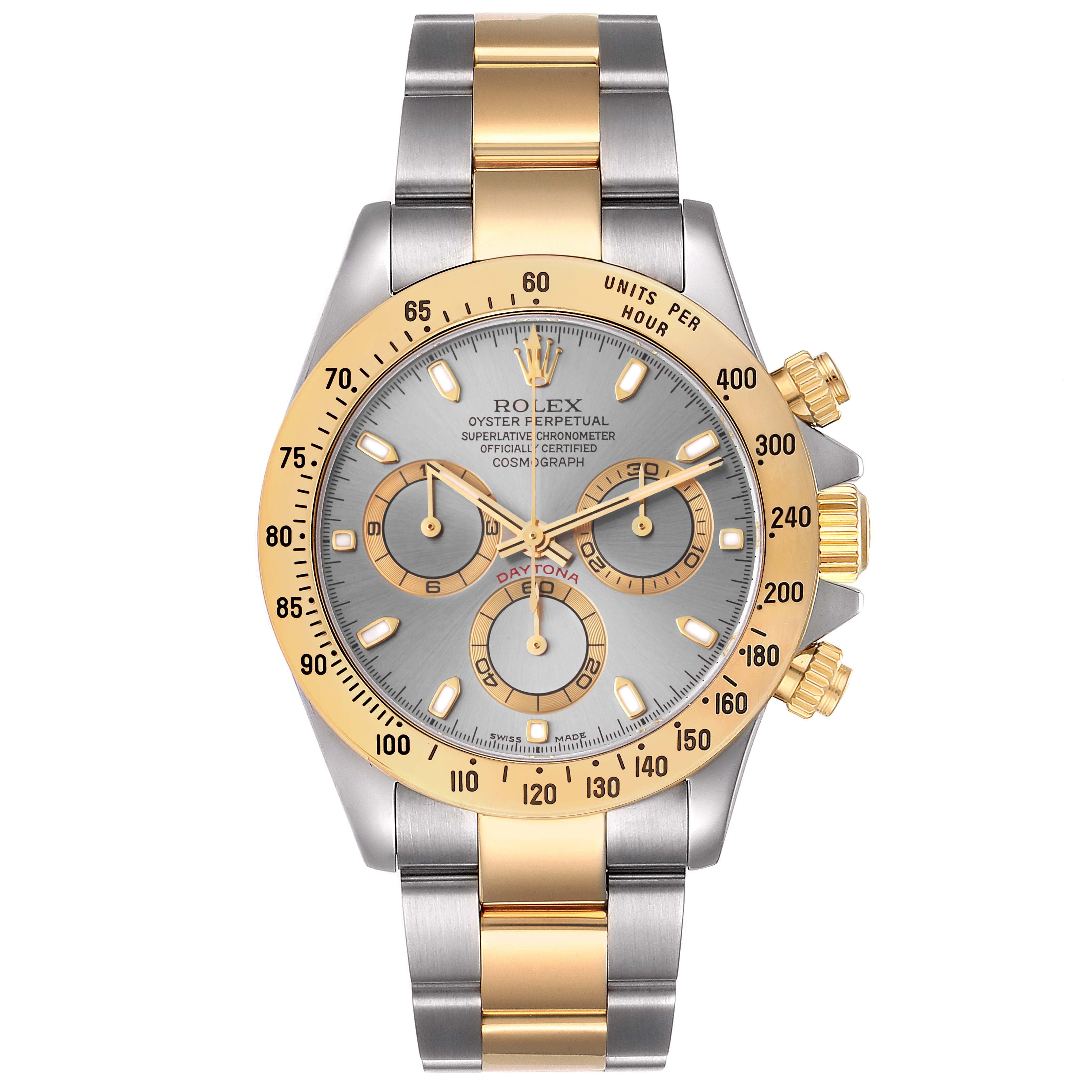 Rolex Daytona Steel 18k Yellow Gold Slate Dial Mens Watch 116523 Box Papers