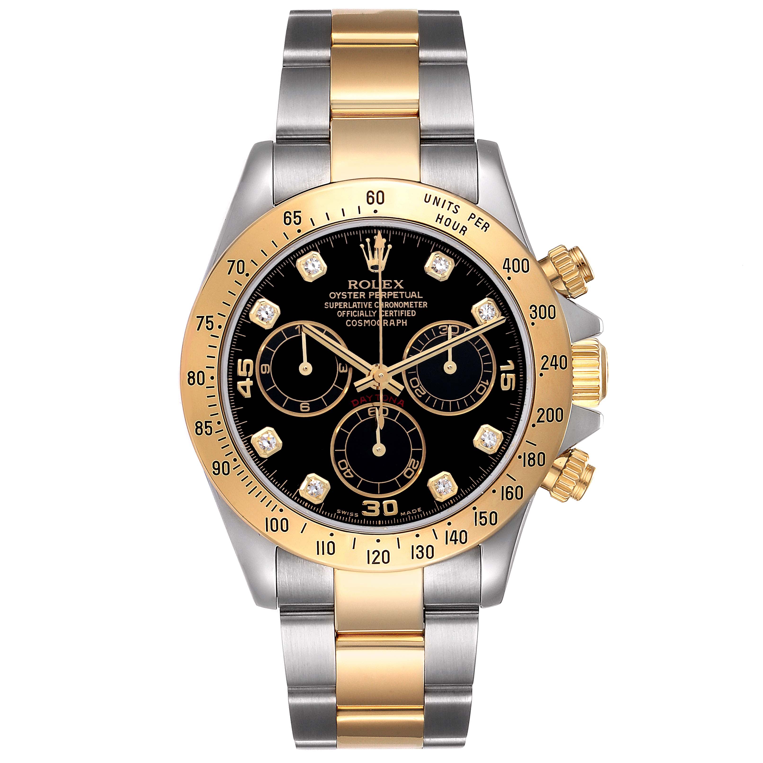 Rolex Daytona Steel Yellow Gold Diamond Chronograph Watch 116523 Box Papers