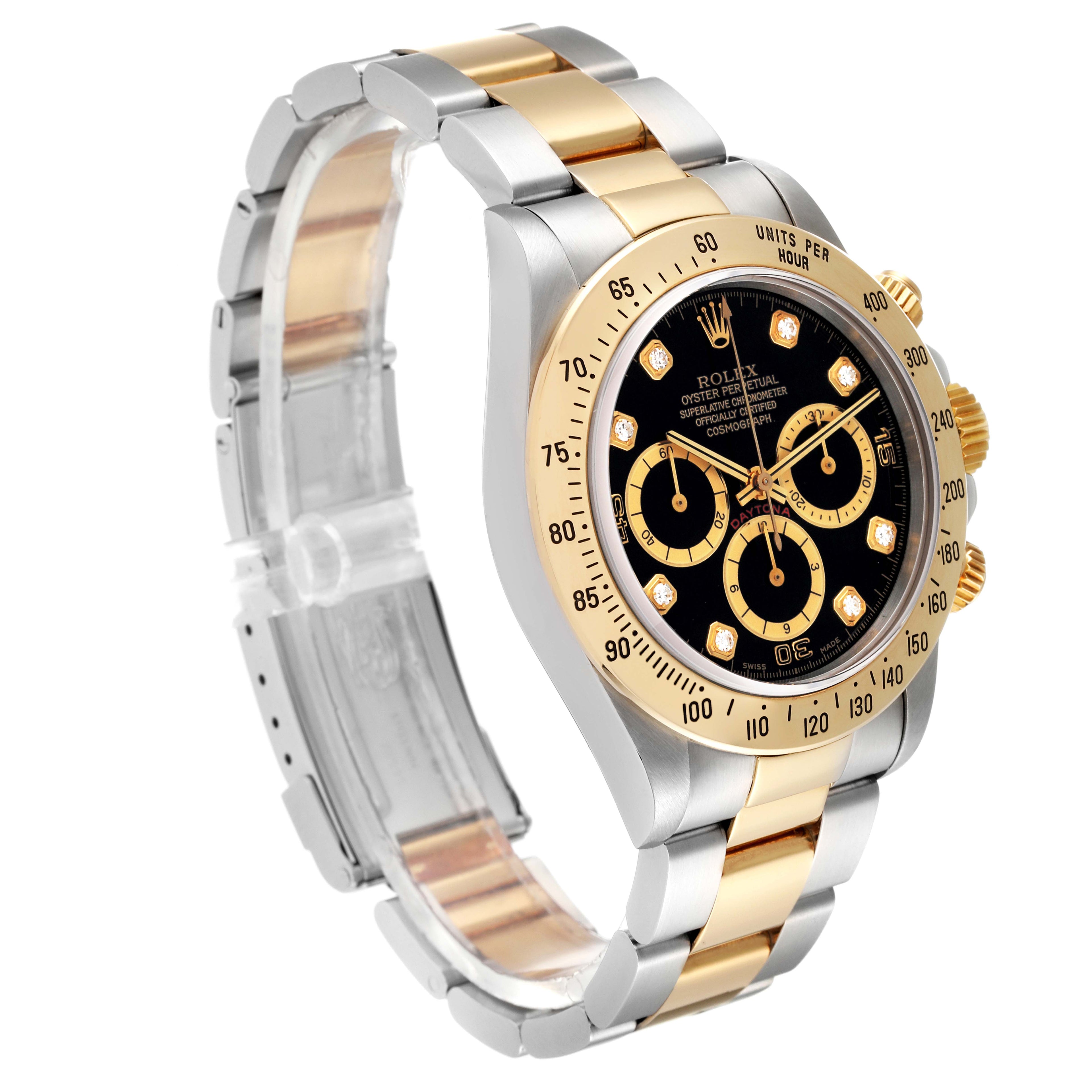 Rolex Daytona Steel Yellow Gold Inverted 6 Diamond Dial Mens Watch 16523 Box Papers