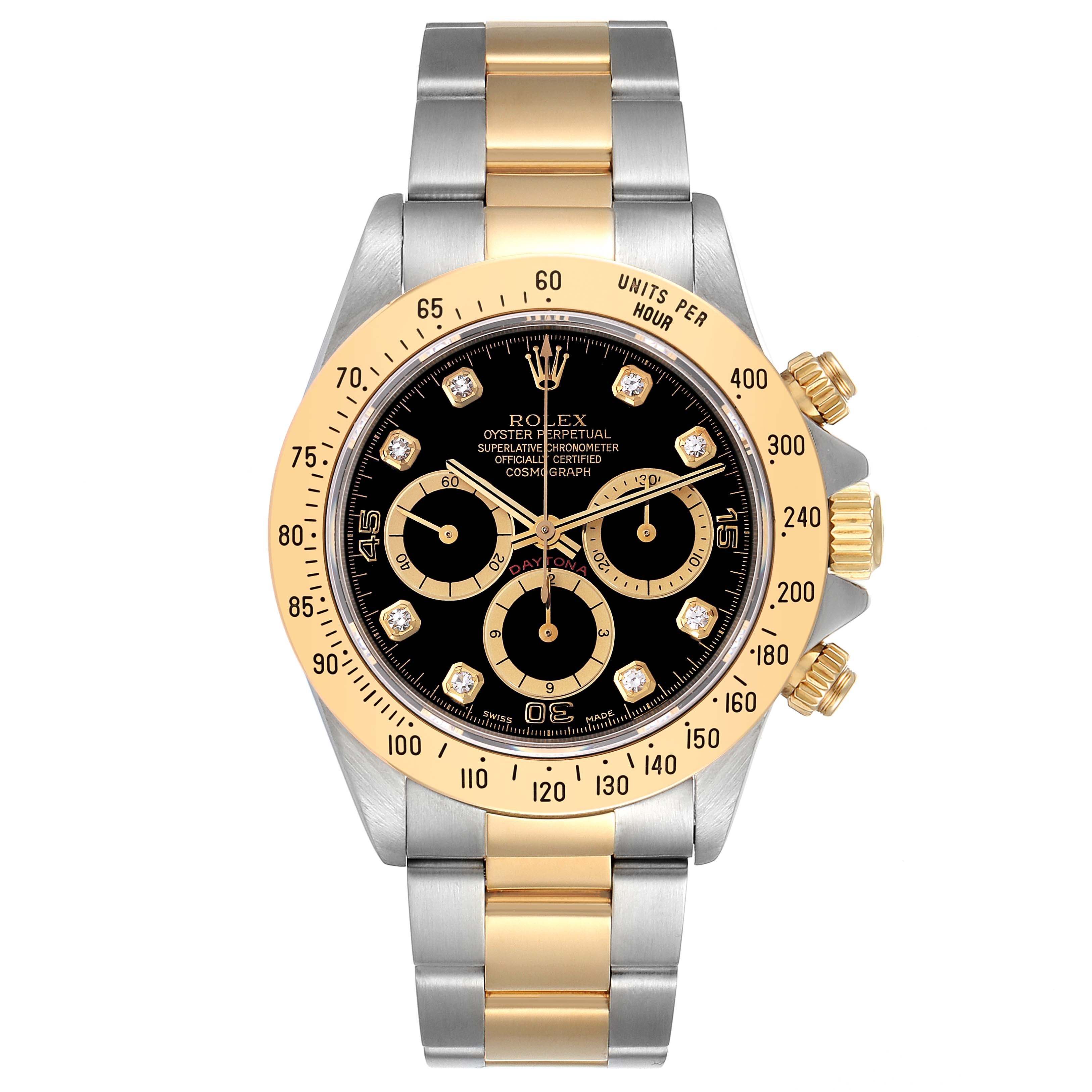 Rolex Daytona Steel Yellow Gold Inverted 6 Diamond Dial Mens Watch 16523 Box Papers