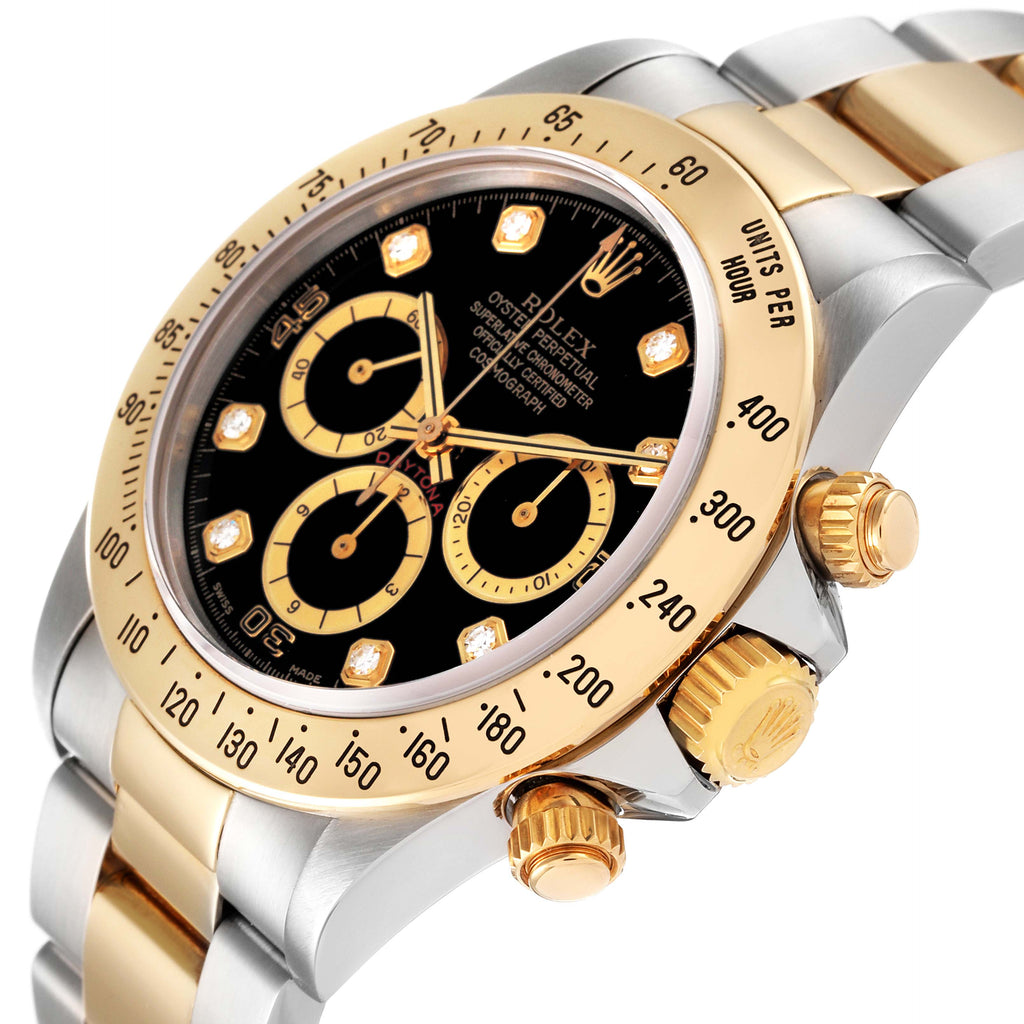 Rolex Daytona Steel Yellow Gold Inverted 6 Diamond Dial Mens Watch 16523 Box Papers