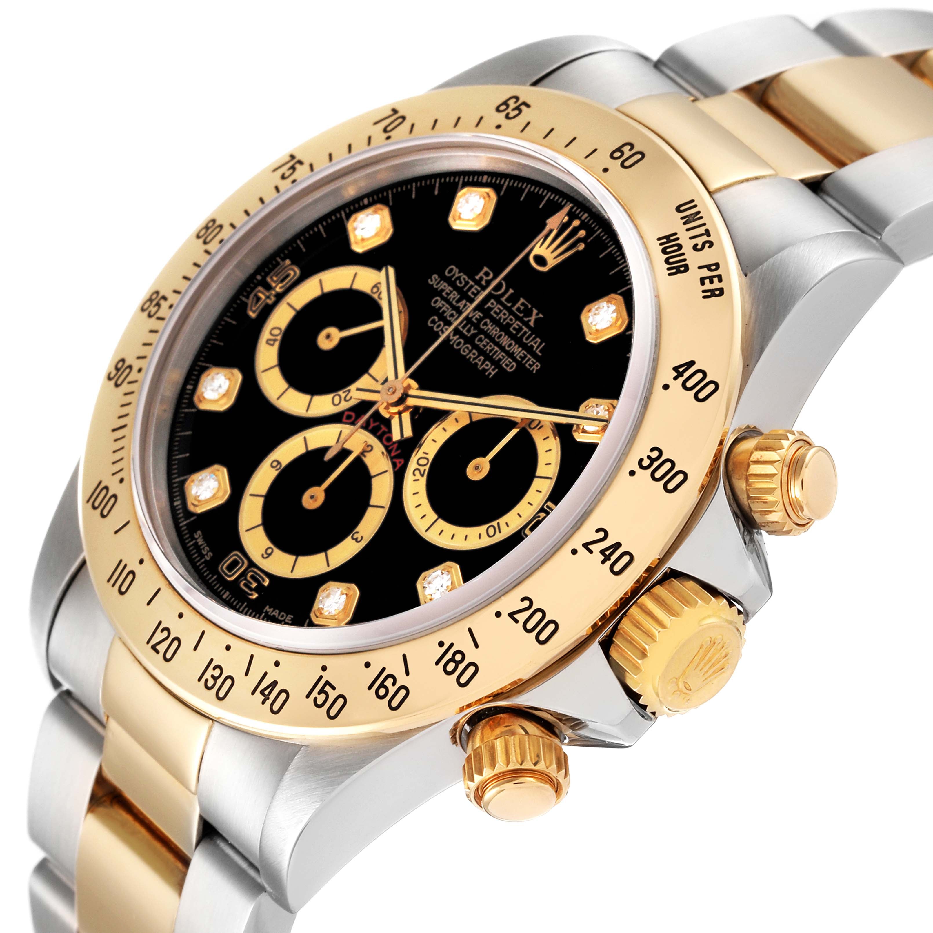 Rolex Daytona Steel Yellow Gold Inverted 6 Diamond Dial Mens Watch 16523 Box Papers