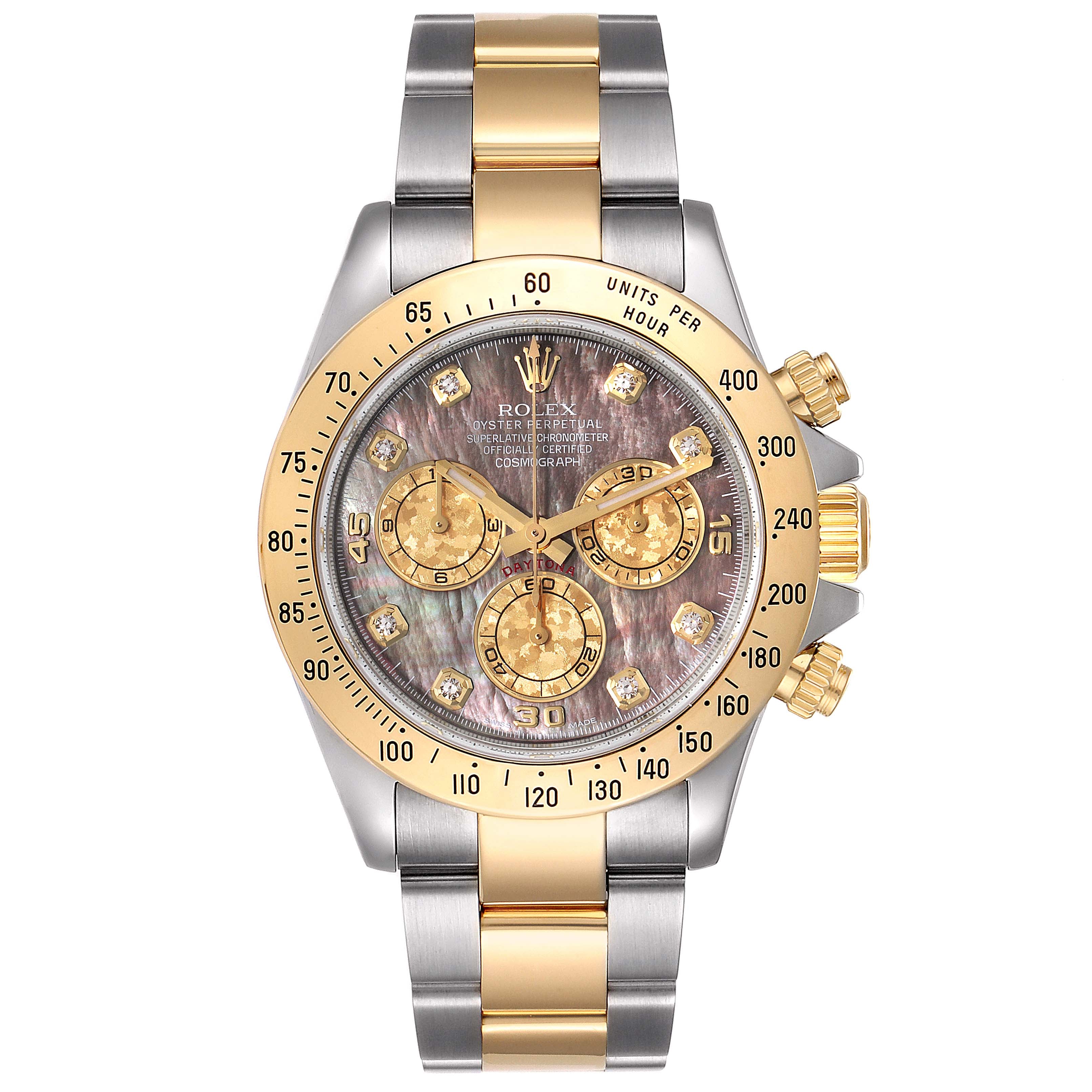 Rolex Daytona Steel Yellow Gold MOP Diamond Mens Watch 116523 Box Card