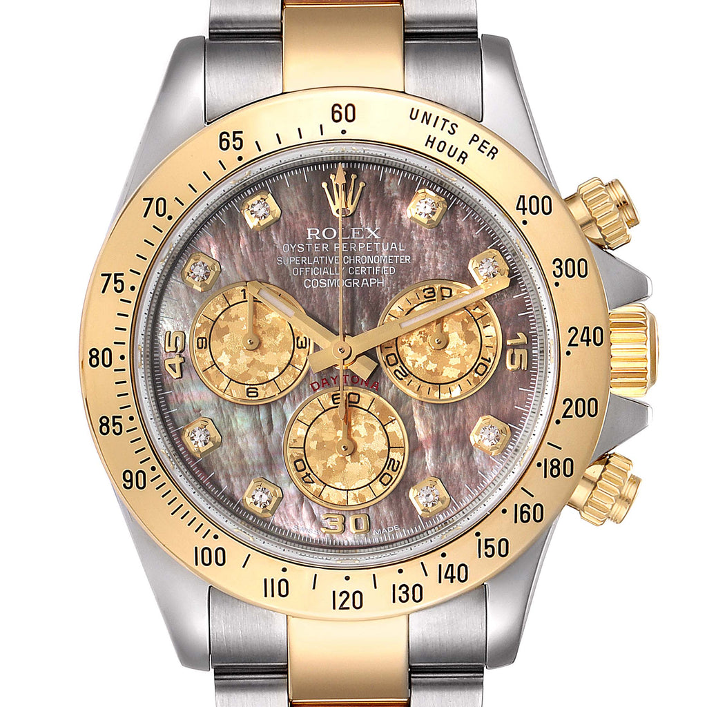 Rolex Daytona Steel Yellow Gold MOP Diamond Mens Watch 116523 Box Card