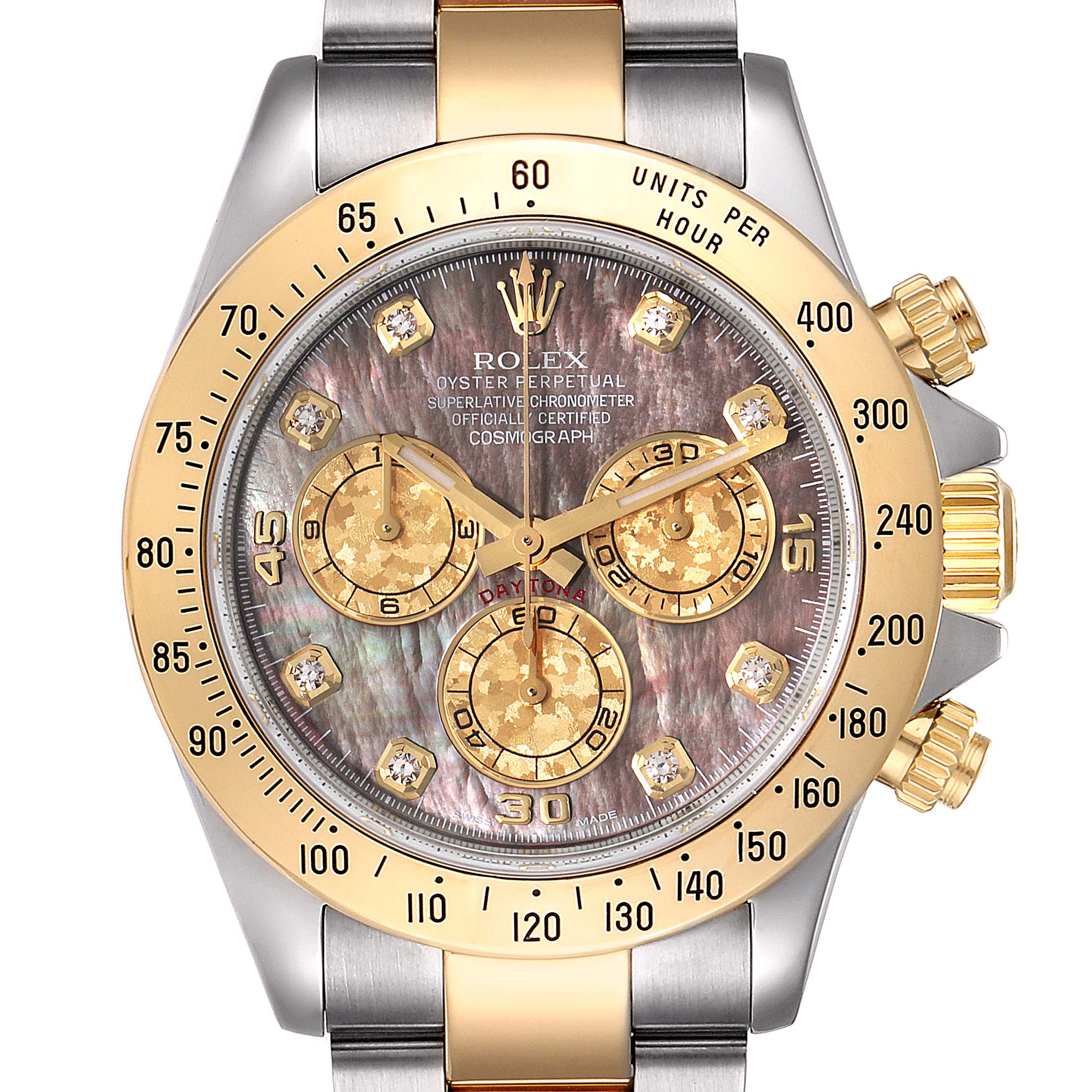 Rolex Daytona Steel Yellow Gold MOP Diamond Mens Watch 116523 Box Card