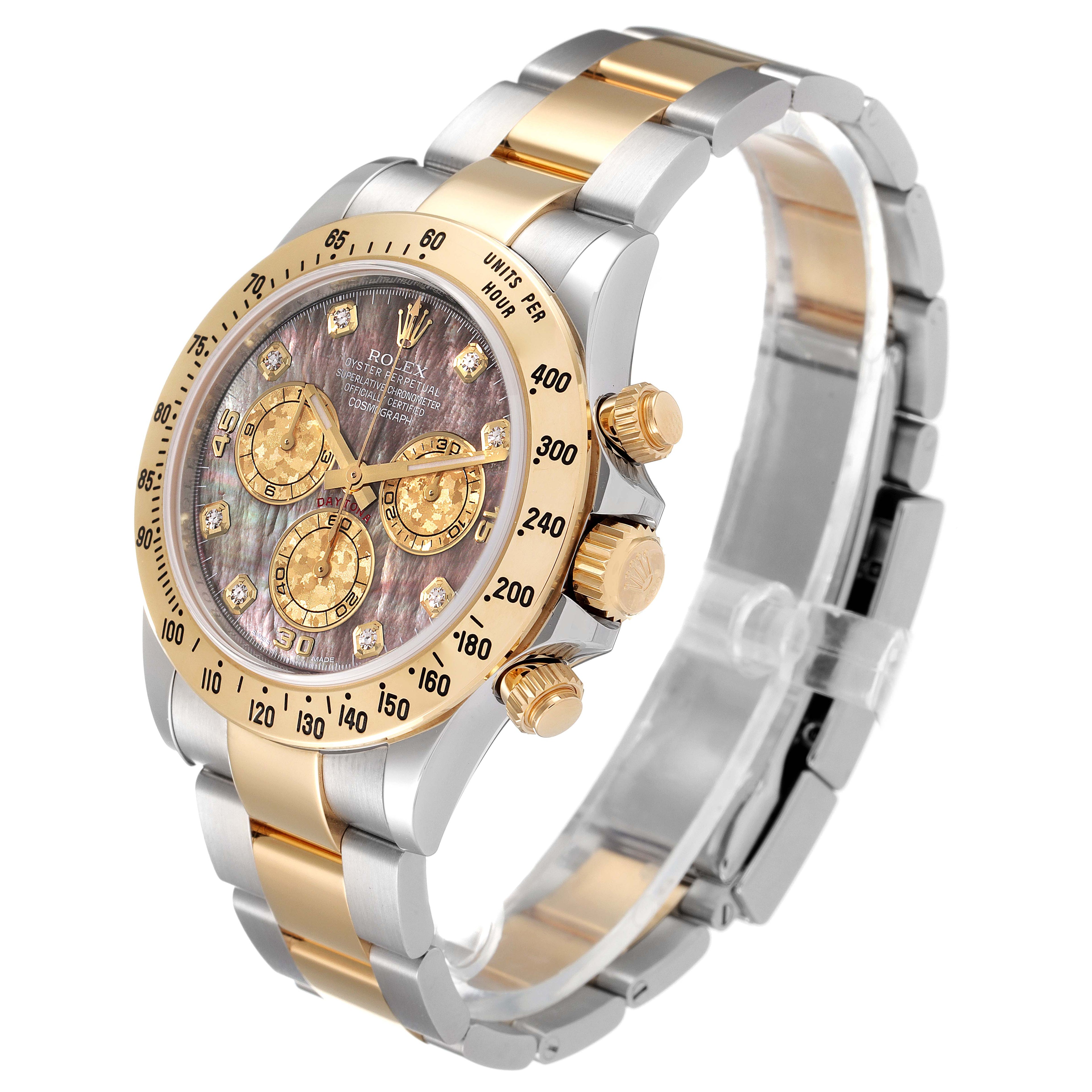 Rolex Daytona Steel Yellow Gold MOP Diamond Mens Watch 116523 Box Card