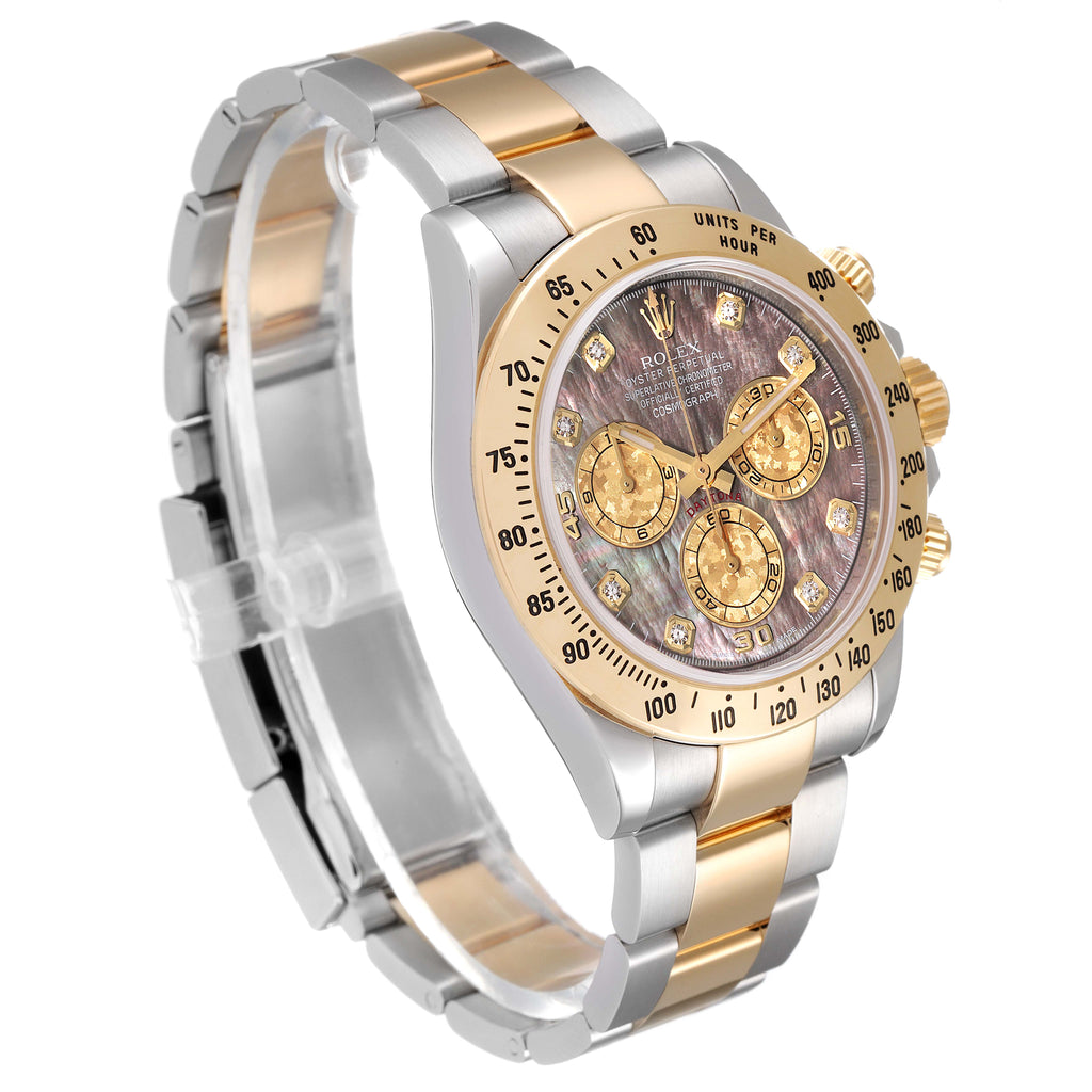 Rolex Daytona Steel Yellow Gold MOP Diamond Mens Watch 116523 Box Card