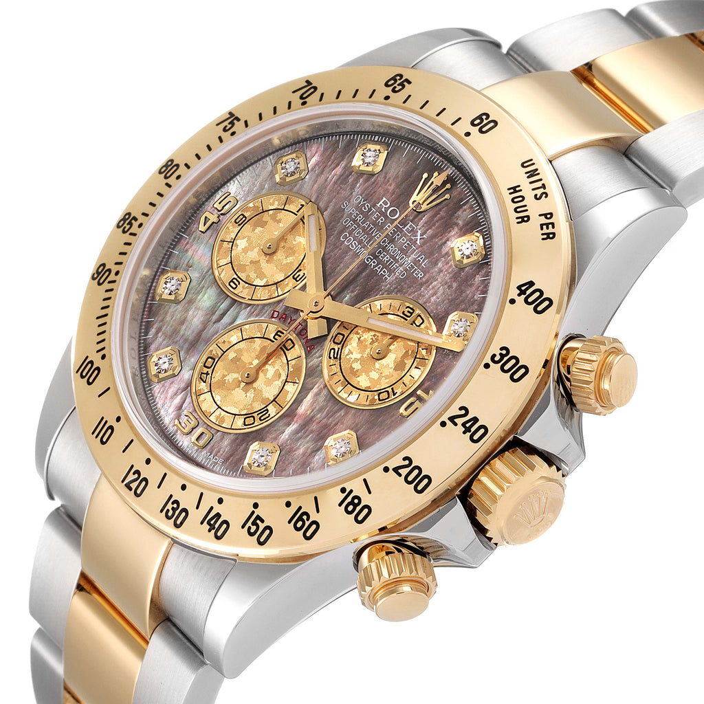 Rolex Daytona Steel Yellow Gold MOP Diamond Mens Watch 116523 Box Card