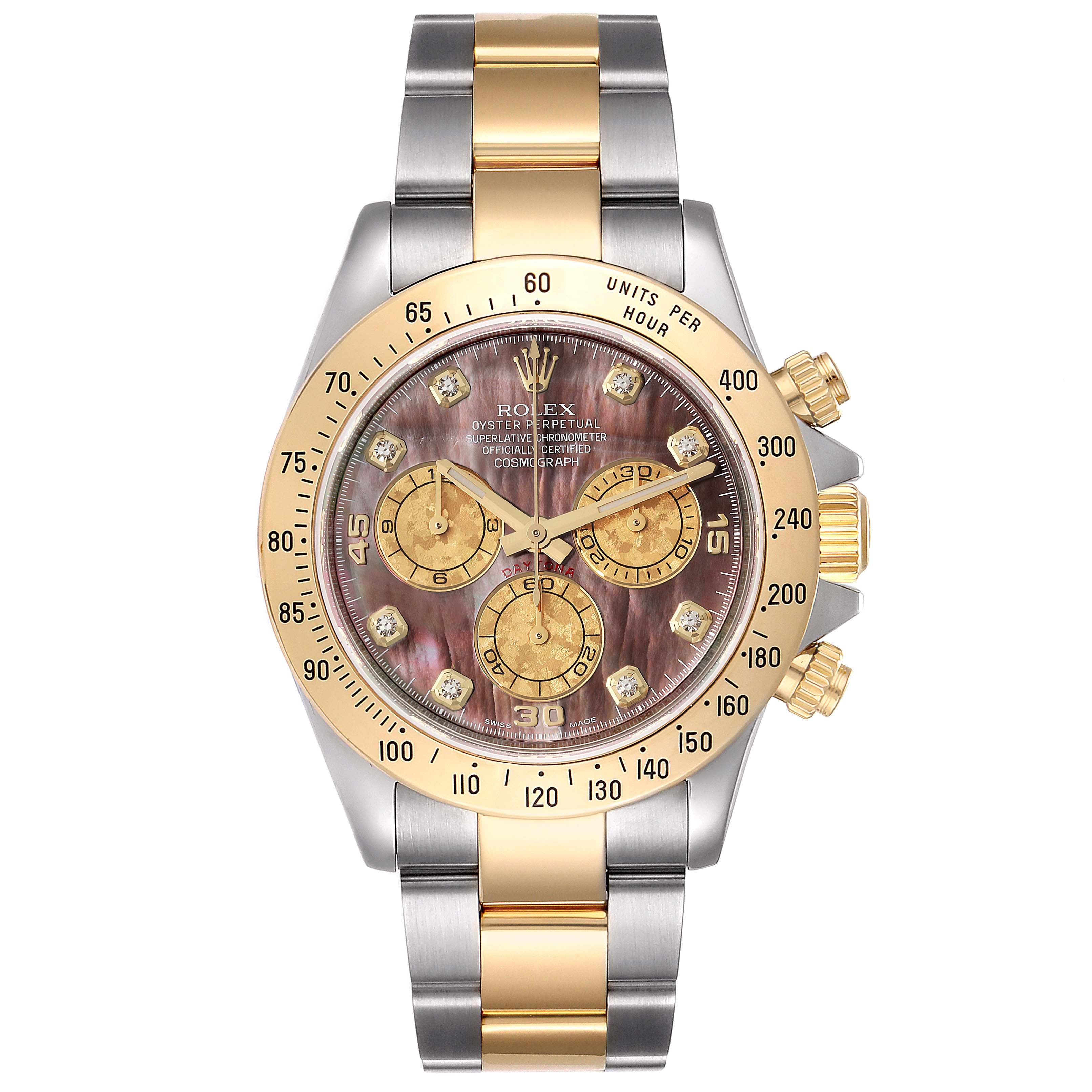 Rolex Daytona Steel Yellow Gold Mother of Pearl Diamond Mens Watch 116523 Box Card