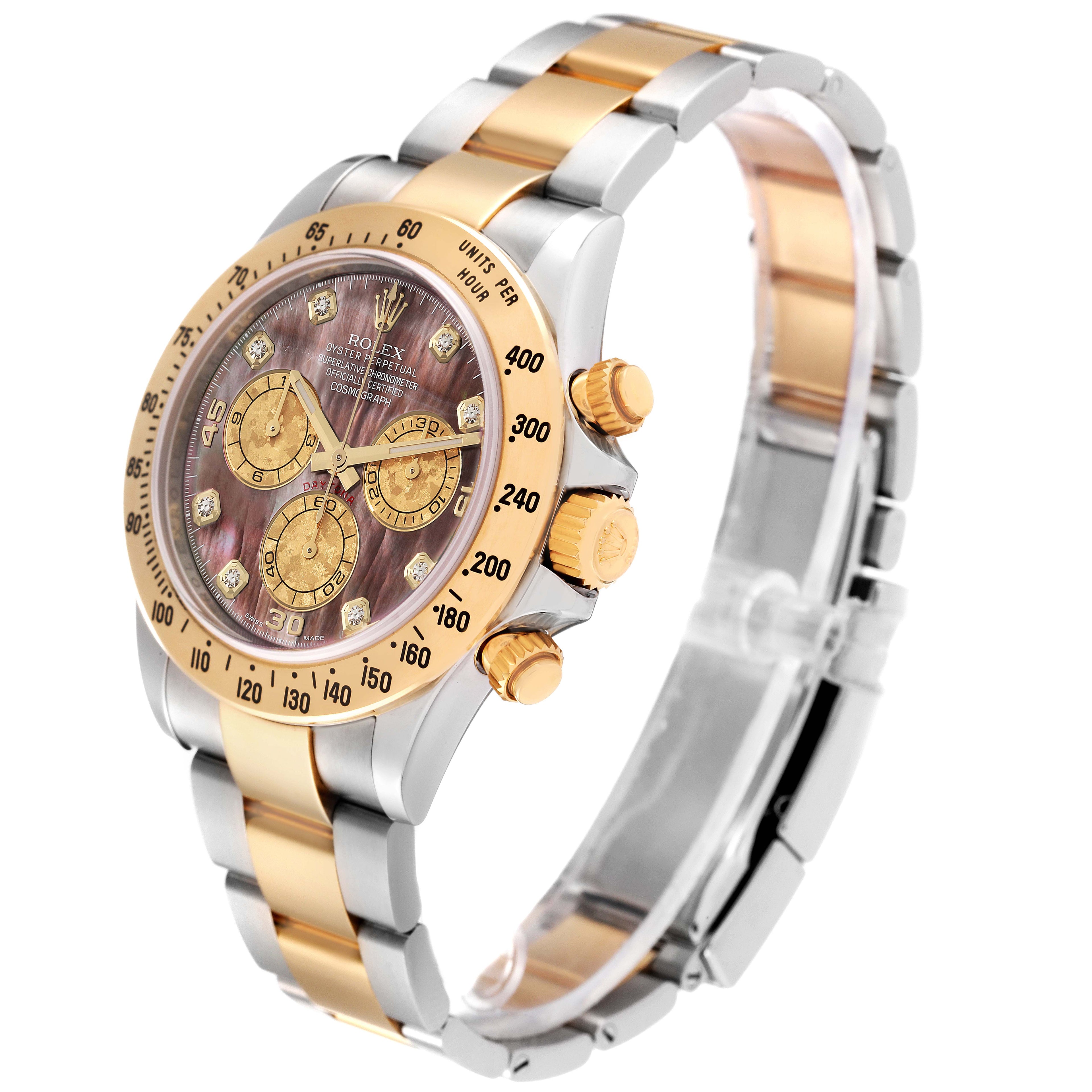 Rolex Daytona Steel Yellow Gold Mother of Pearl Diamond Mens Watch 116523 Box Card