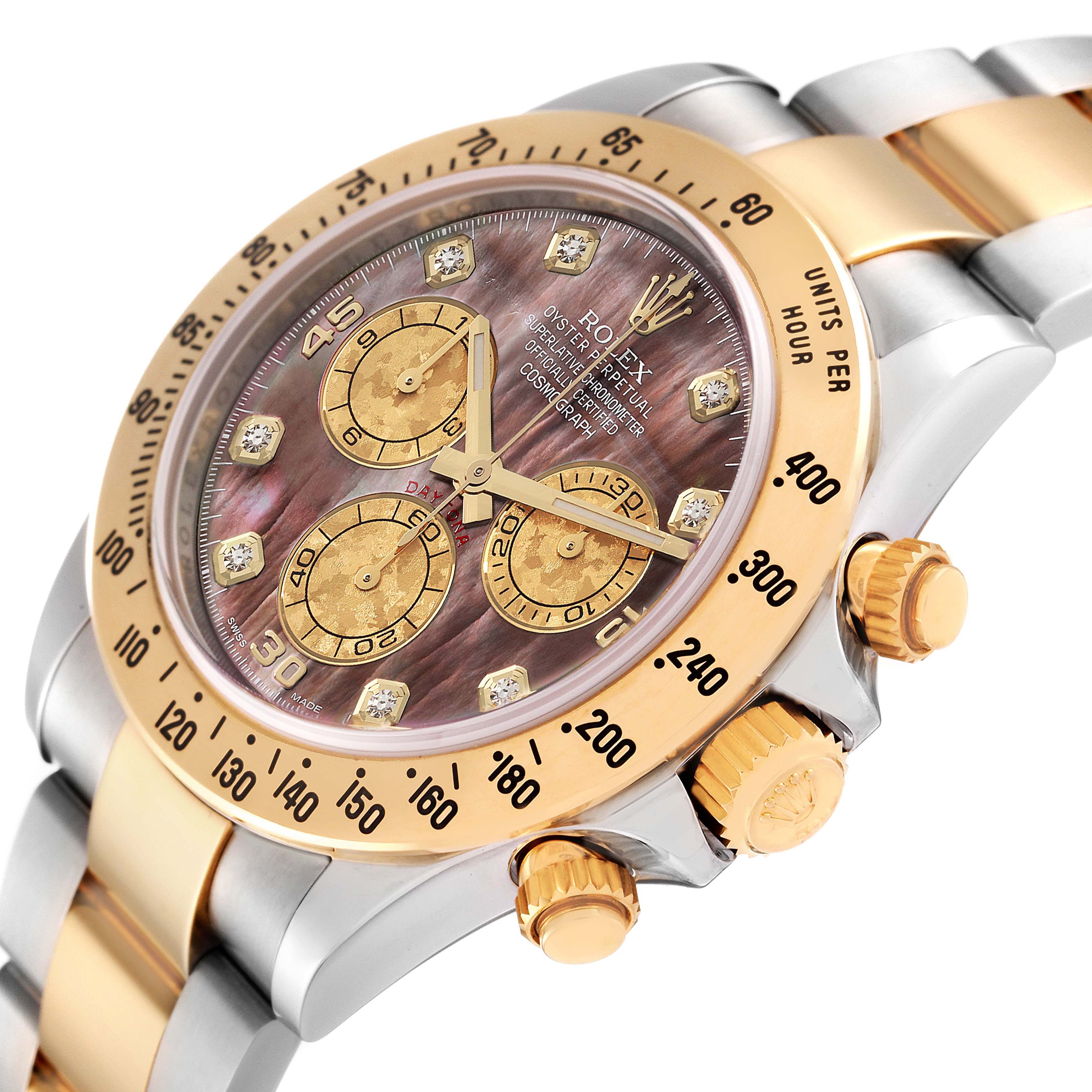 Rolex Daytona Steel Yellow Gold Mother of Pearl Diamond Mens Watch 116523 Box Card
