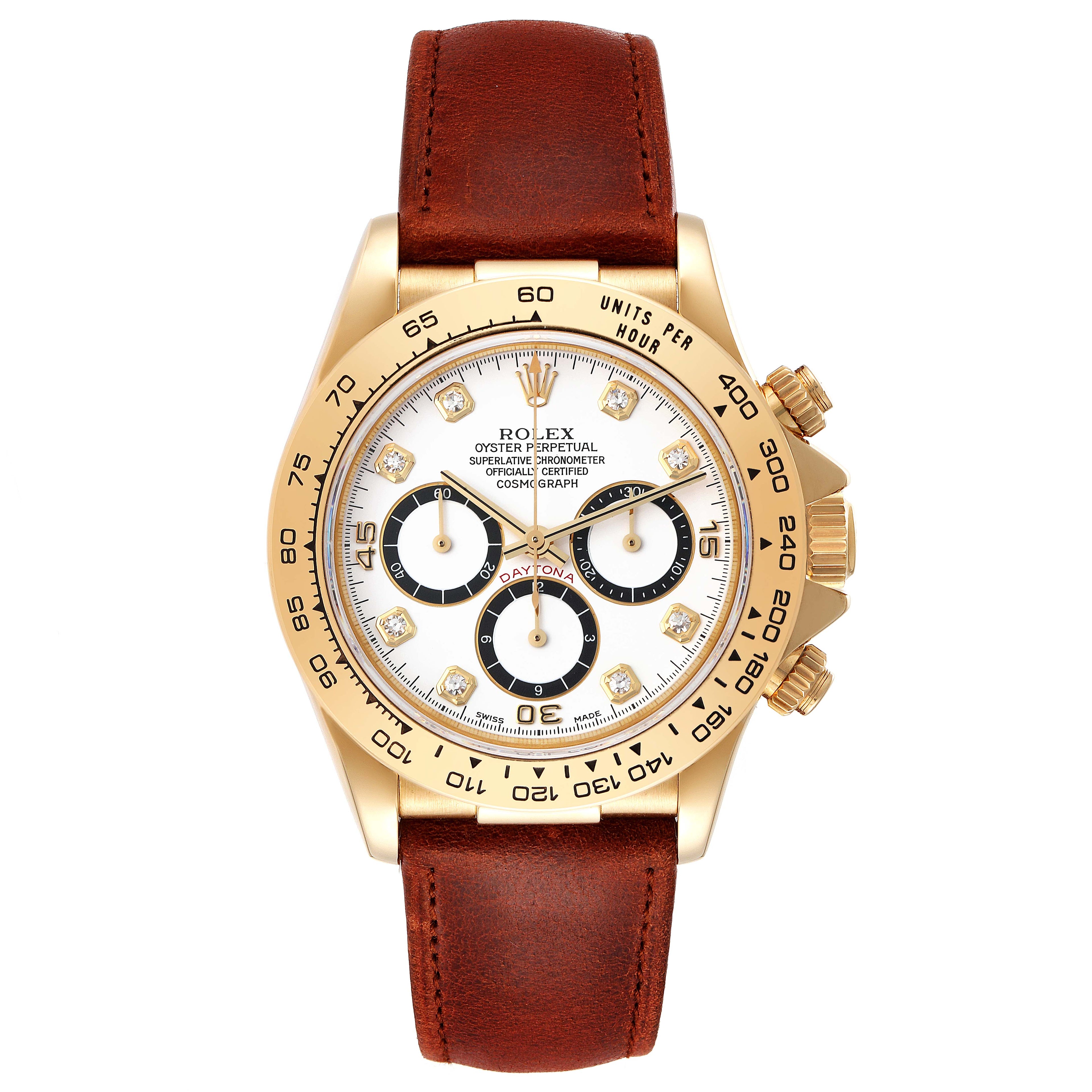 Rolex Daytona White Diamond Dial Yellow Gold Chronograph Mens Watch 16518