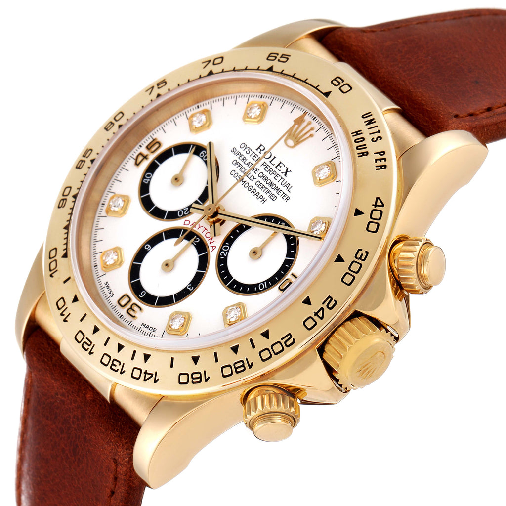 Rolex Daytona White Diamond Dial Yellow Gold Chronograph Mens Watch 16518