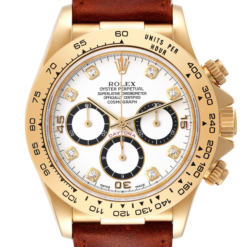 Rolex Daytona White Diamond Dial Yellow Gold Chronograph Mens Watch 16518