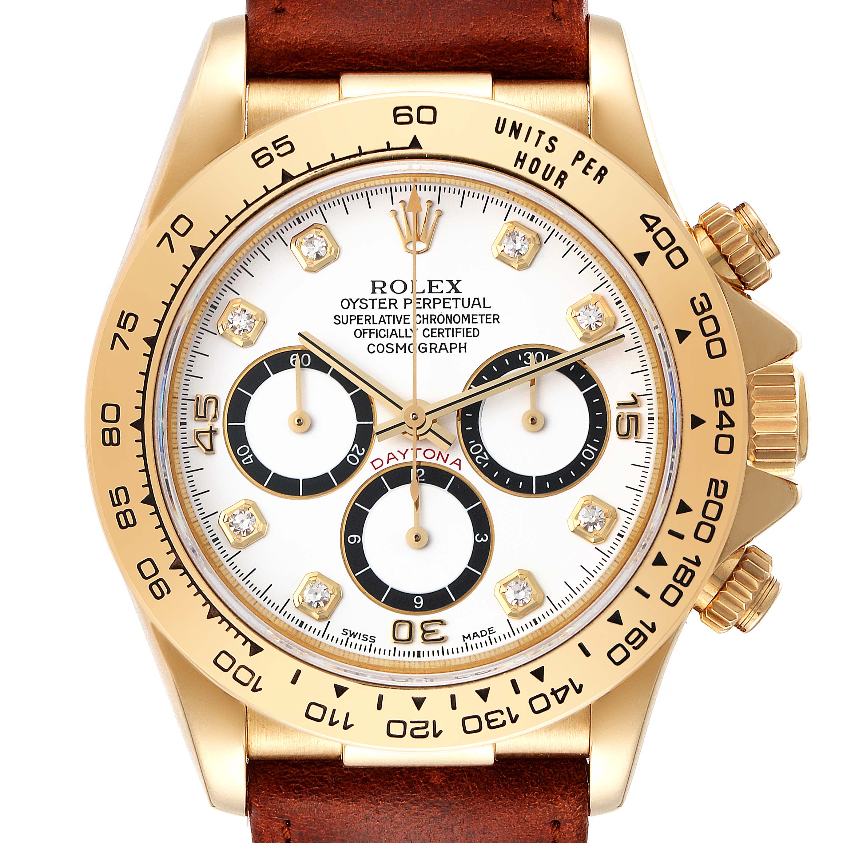 Rolex Daytona White Diamond Dial Yellow Gold Chronograph Mens Watch 16518