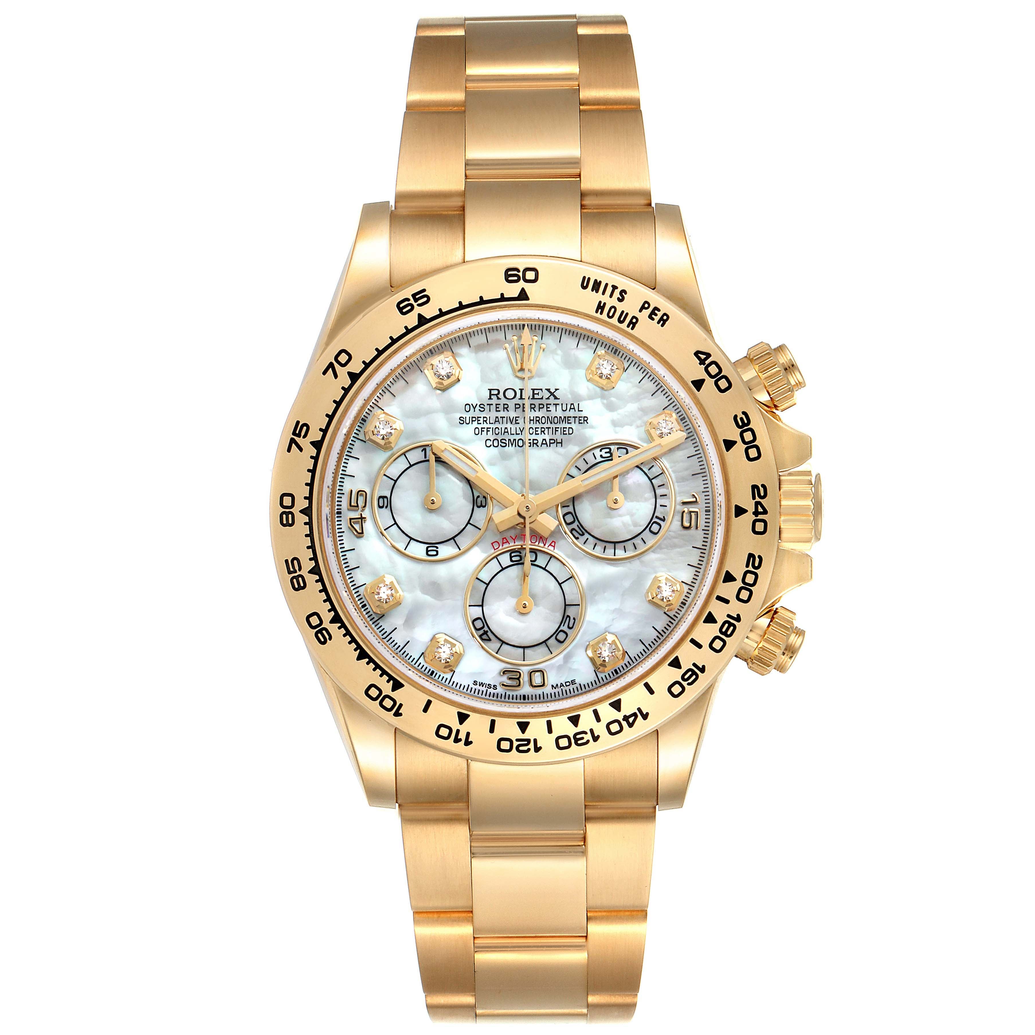 Rolex Daytona Yellow Gold MOP Diamond Dial Mens Watch 116508 Box Card