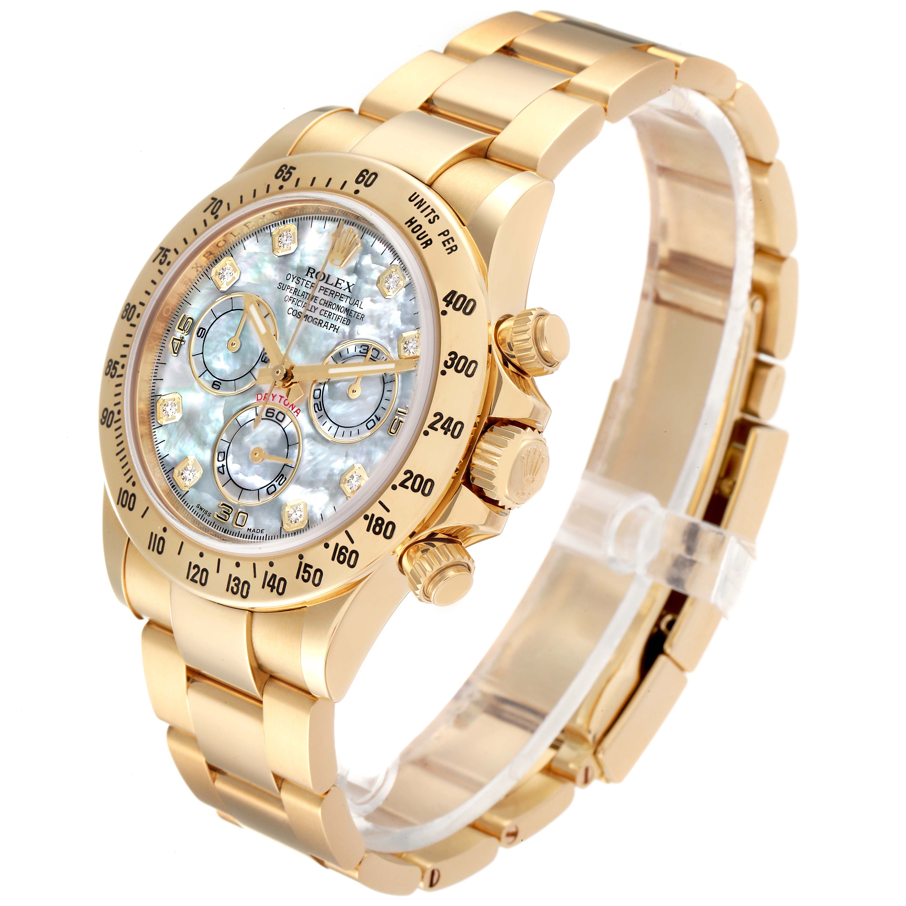 Rolex Daytona Yellow Gold MOP Diamond Dial Mens Watch 116528 Box Card