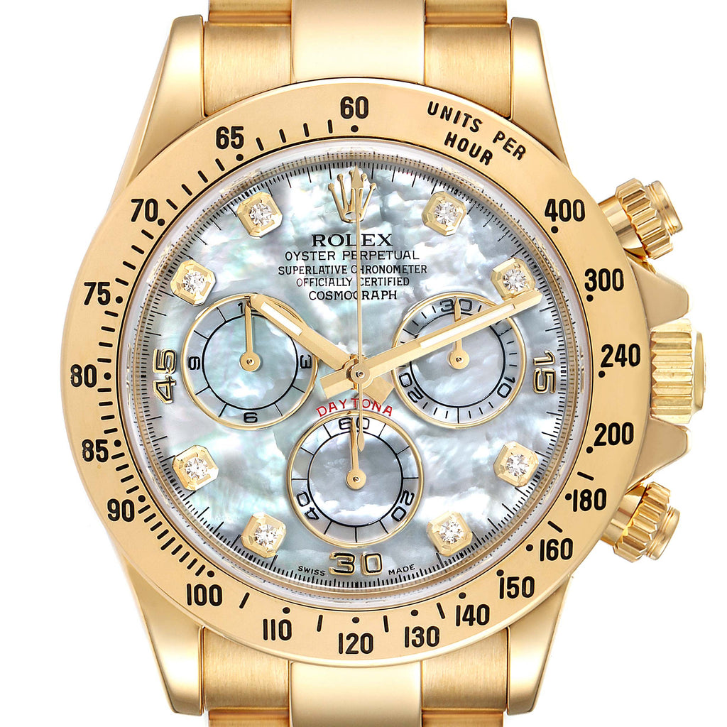 Rolex Daytona Yellow Gold MOP Diamond Dial Mens Watch 116528 Box Card