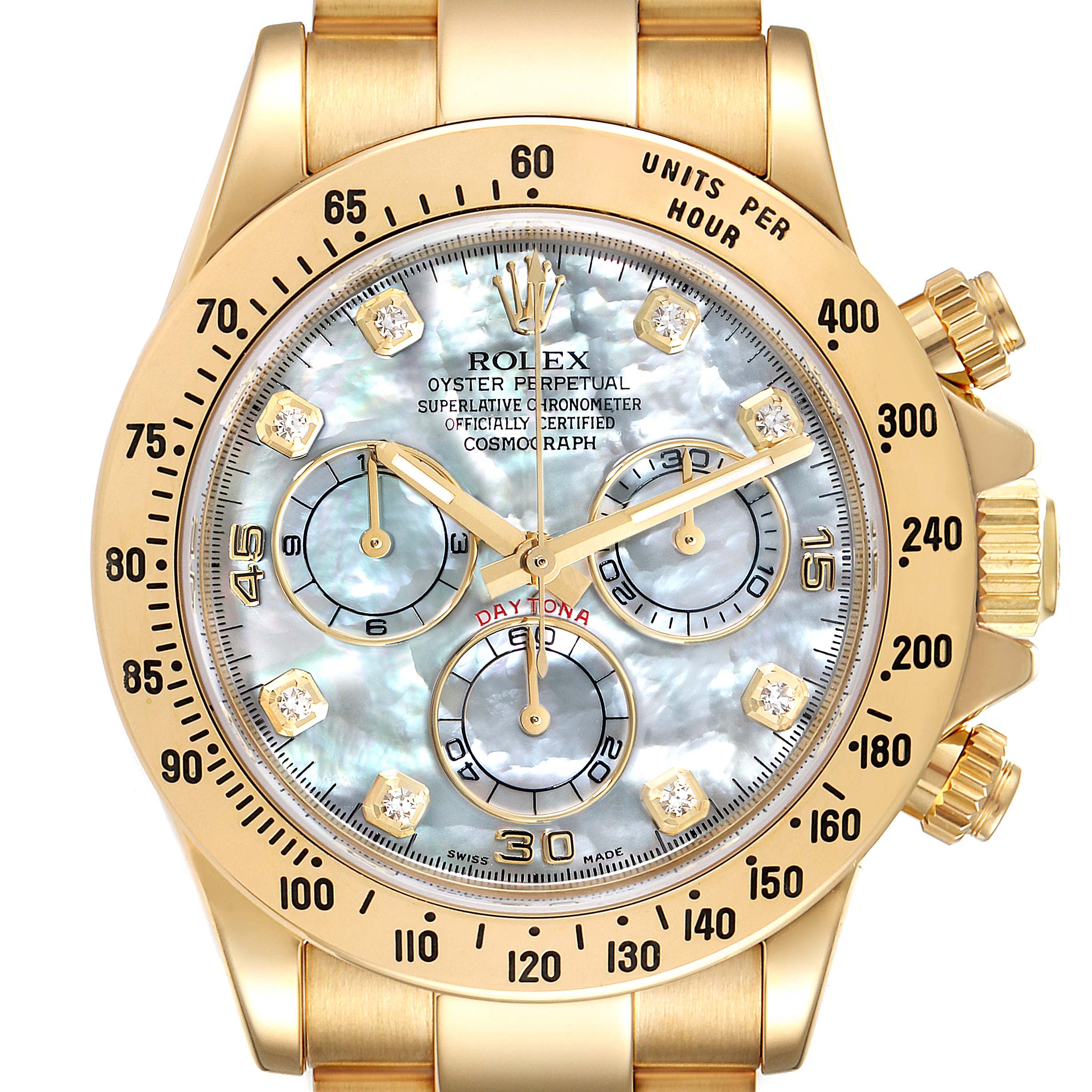 Rolex Daytona Yellow Gold MOP Diamond Dial Mens Watch 116528 Box Card