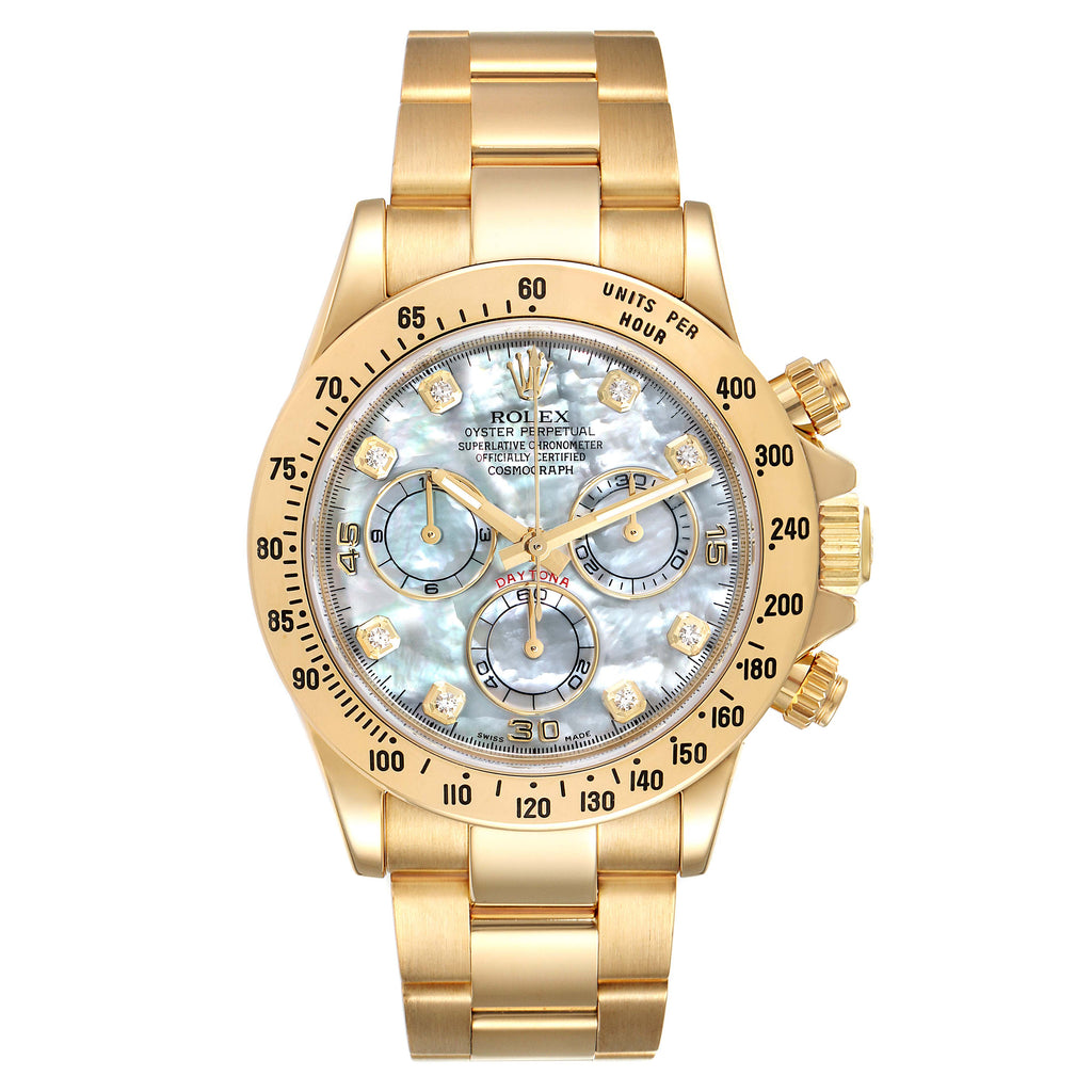 Rolex Daytona Yellow Gold MOP Diamond Dial Mens Watch 116528 Box Card