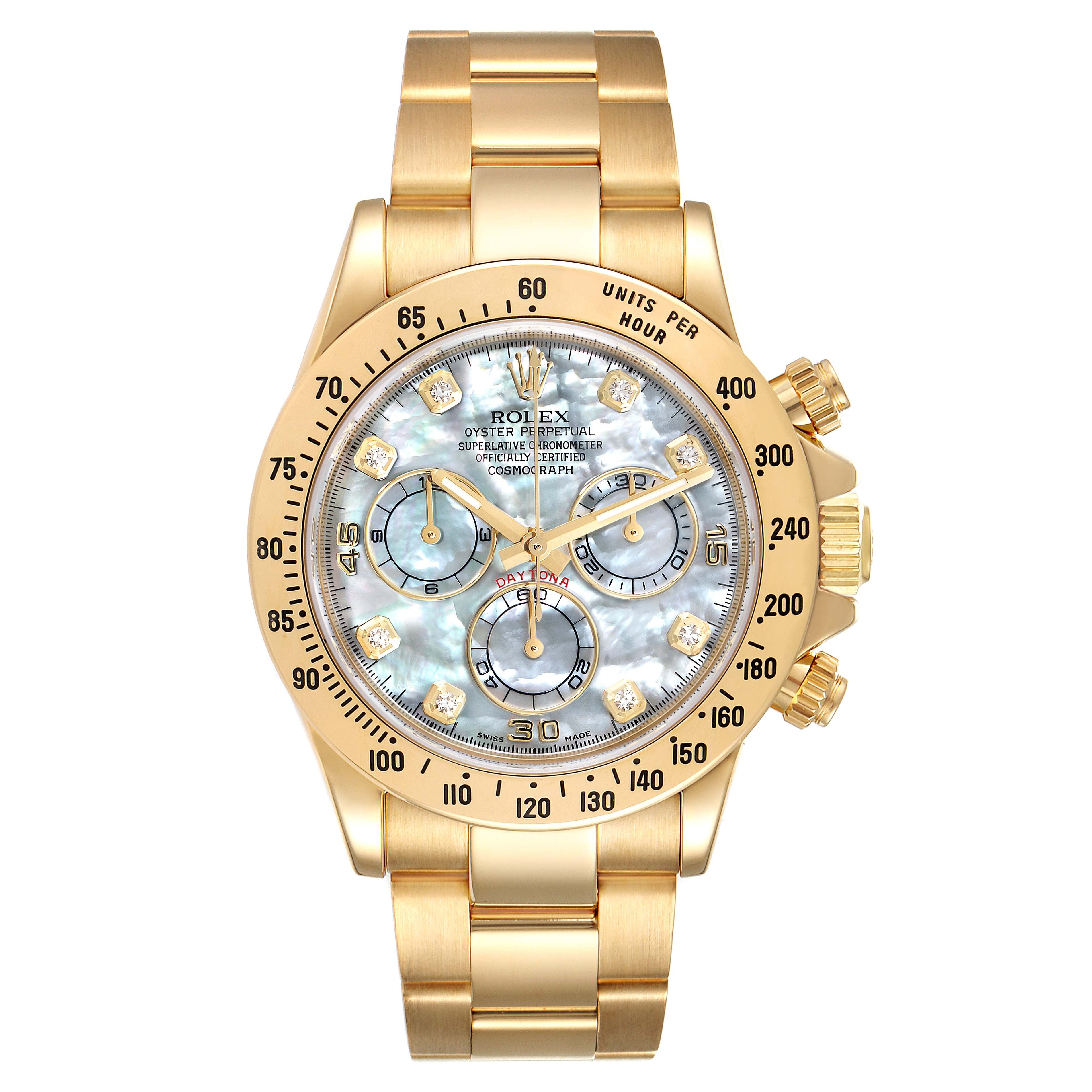Rolex Daytona Yellow Gold MOP Diamond Dial Mens Watch 116528 Box Card