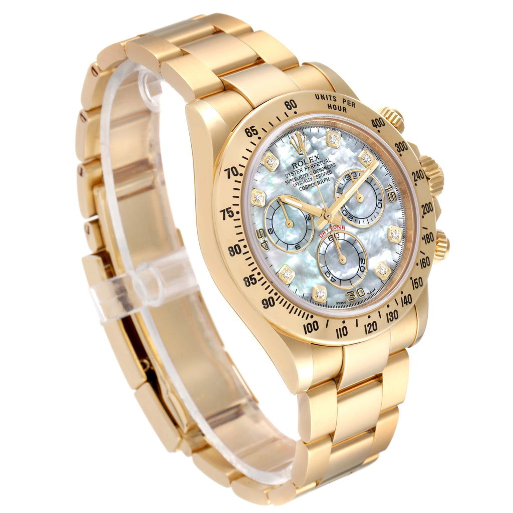 Rolex Daytona Yellow Gold MOP Diamond Dial Mens Watch 116528 Box Card