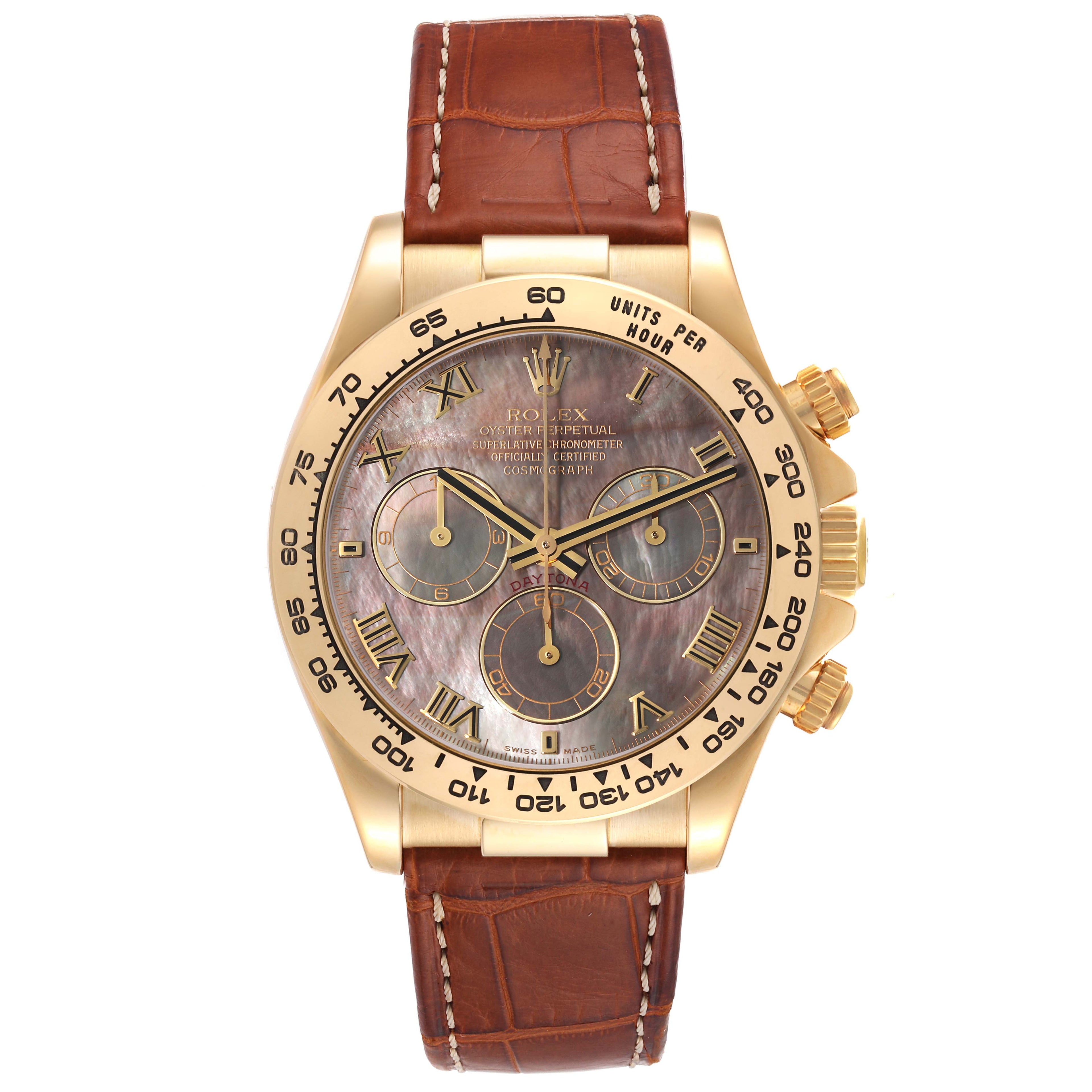 Rolex Daytona Yellow Gold Mother of Pearl Dial Mens Watch 116518 Box Papers