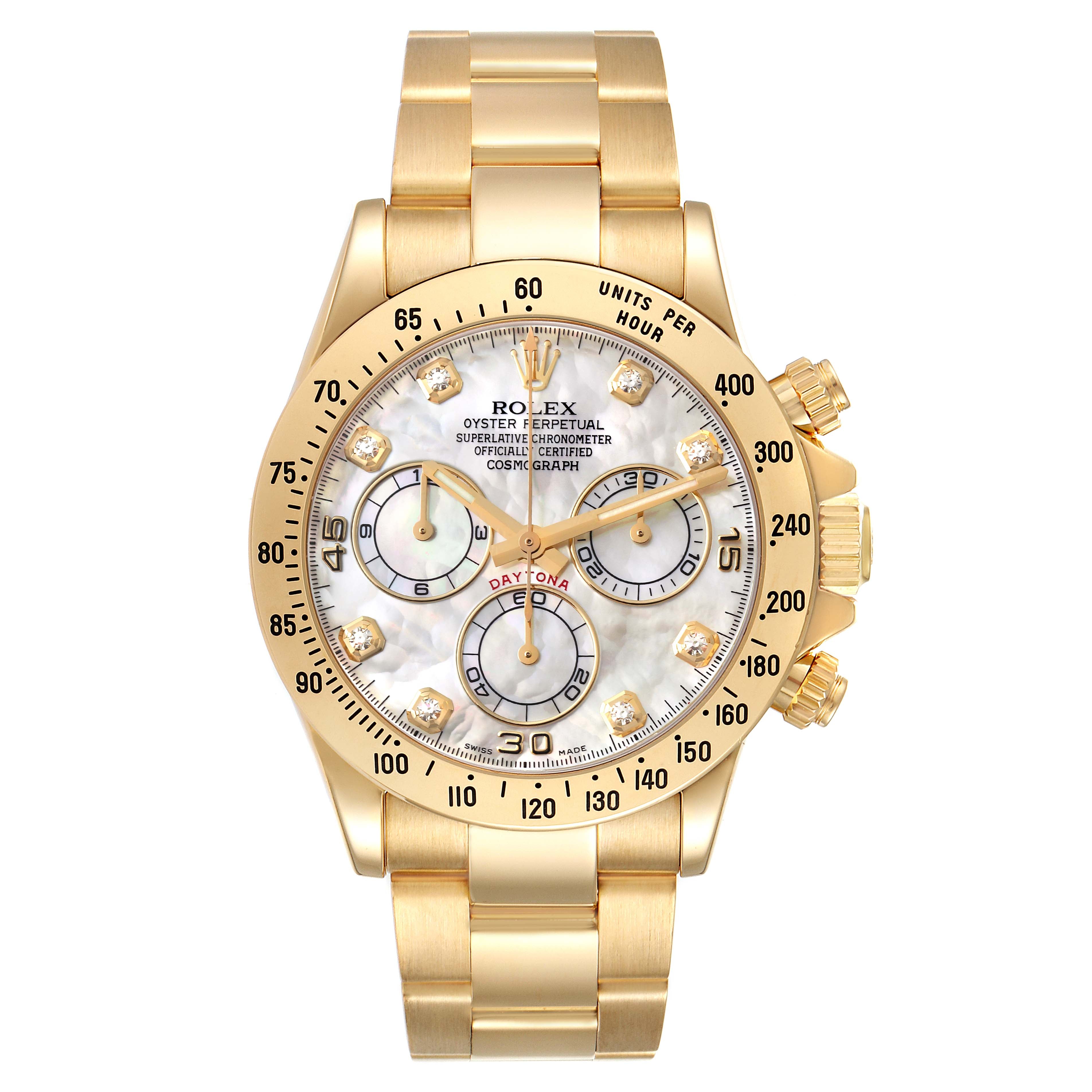 Rolex Daytona Yellow Gold Mother of Pearl Diamond Dial Mens Watch 116528