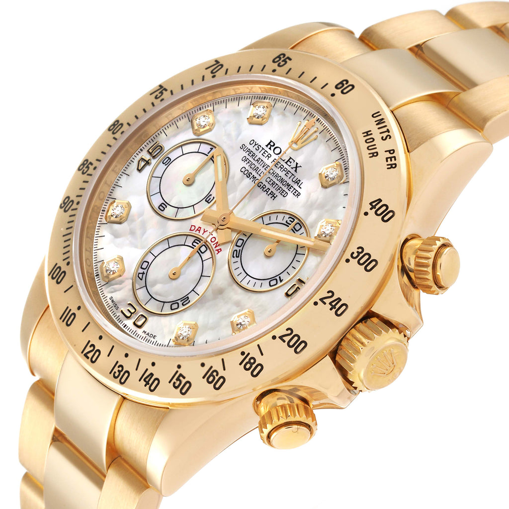 Rolex Daytona Yellow Gold Mother of Pearl Diamond Dial Mens Watch 116528