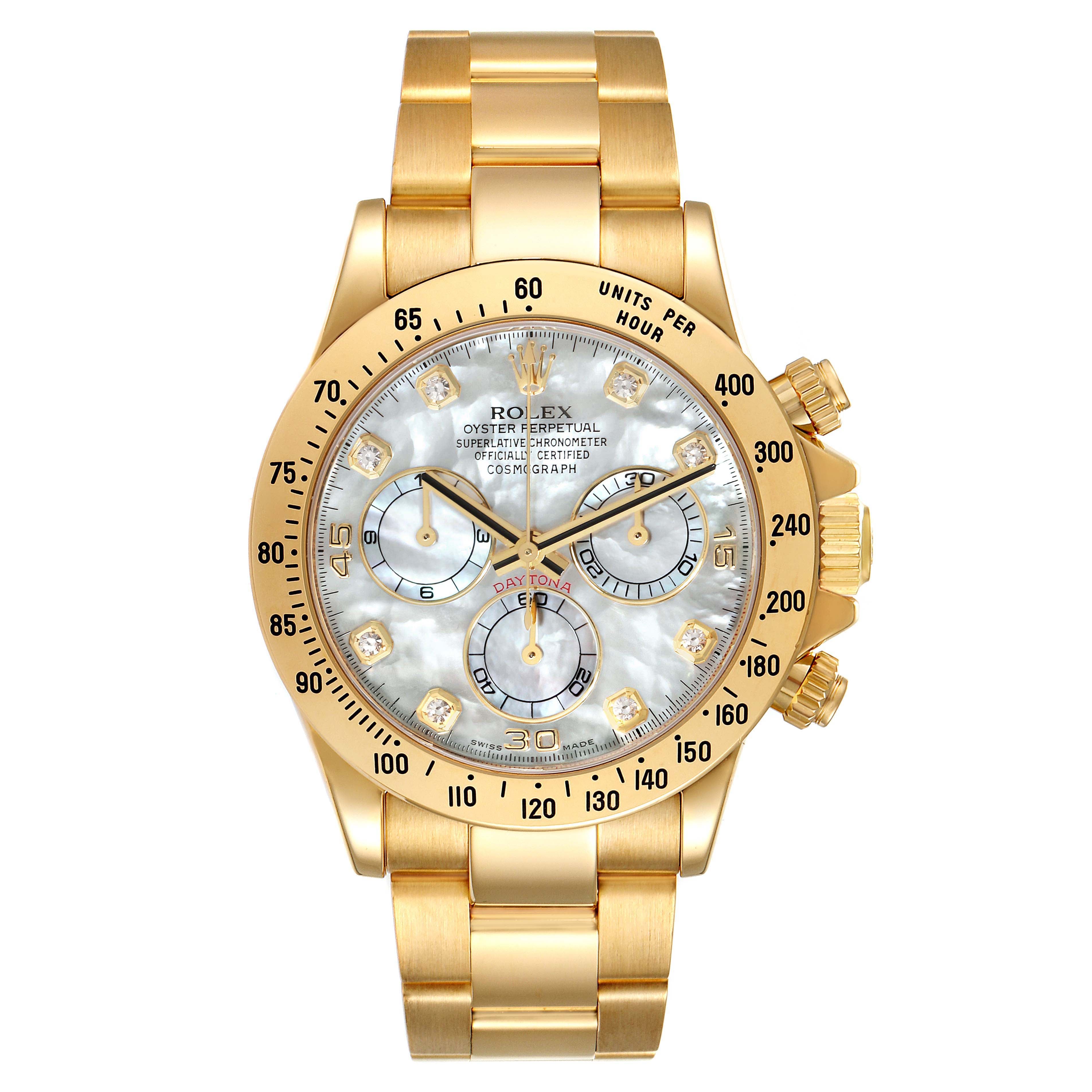 Rolex Daytona Yellow Gold Mother of Pearl Diamond Dial Mens Watch 116528 Box Card