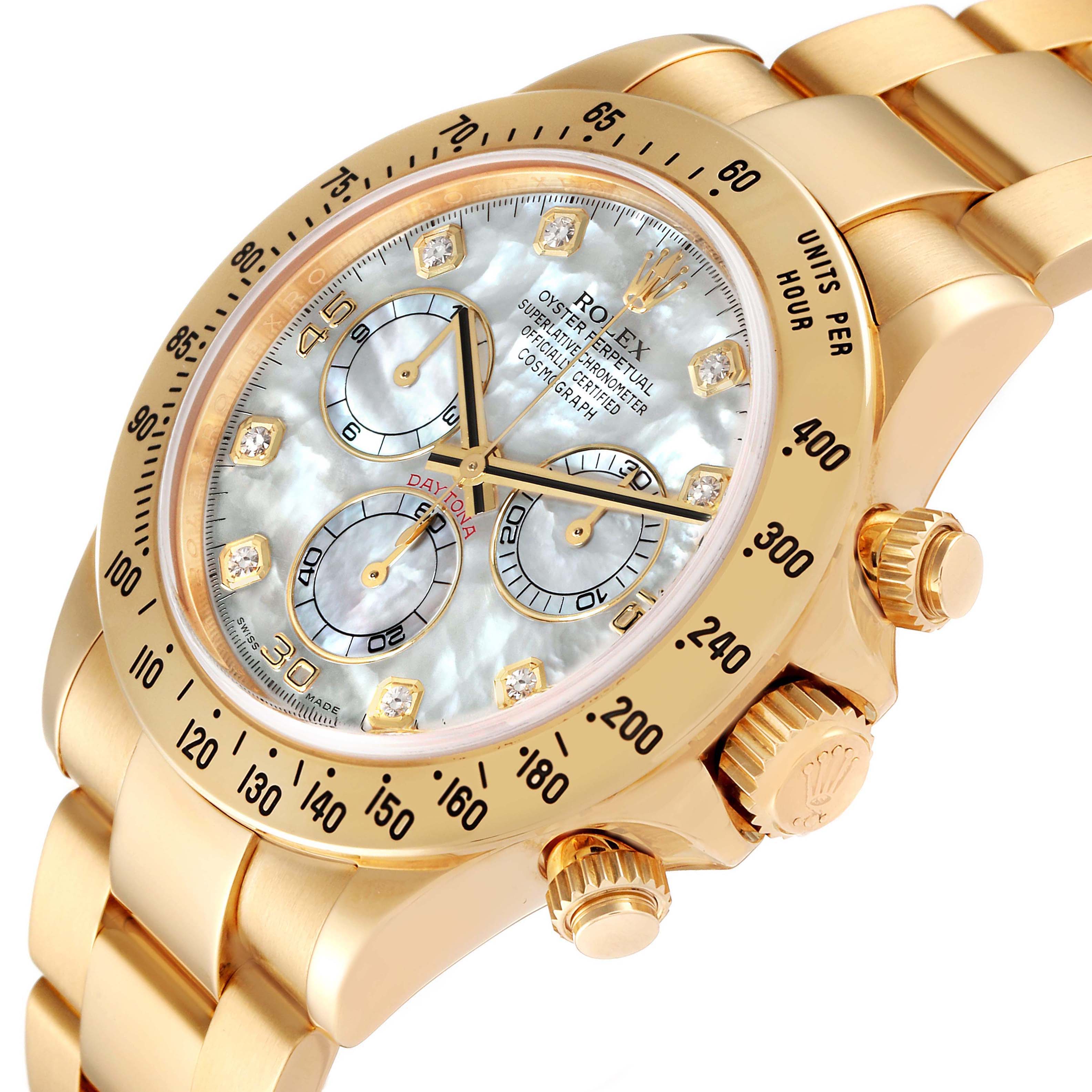 Rolex Daytona Yellow Gold Mother of Pearl Diamond Dial Mens Watch 116528 Box Card