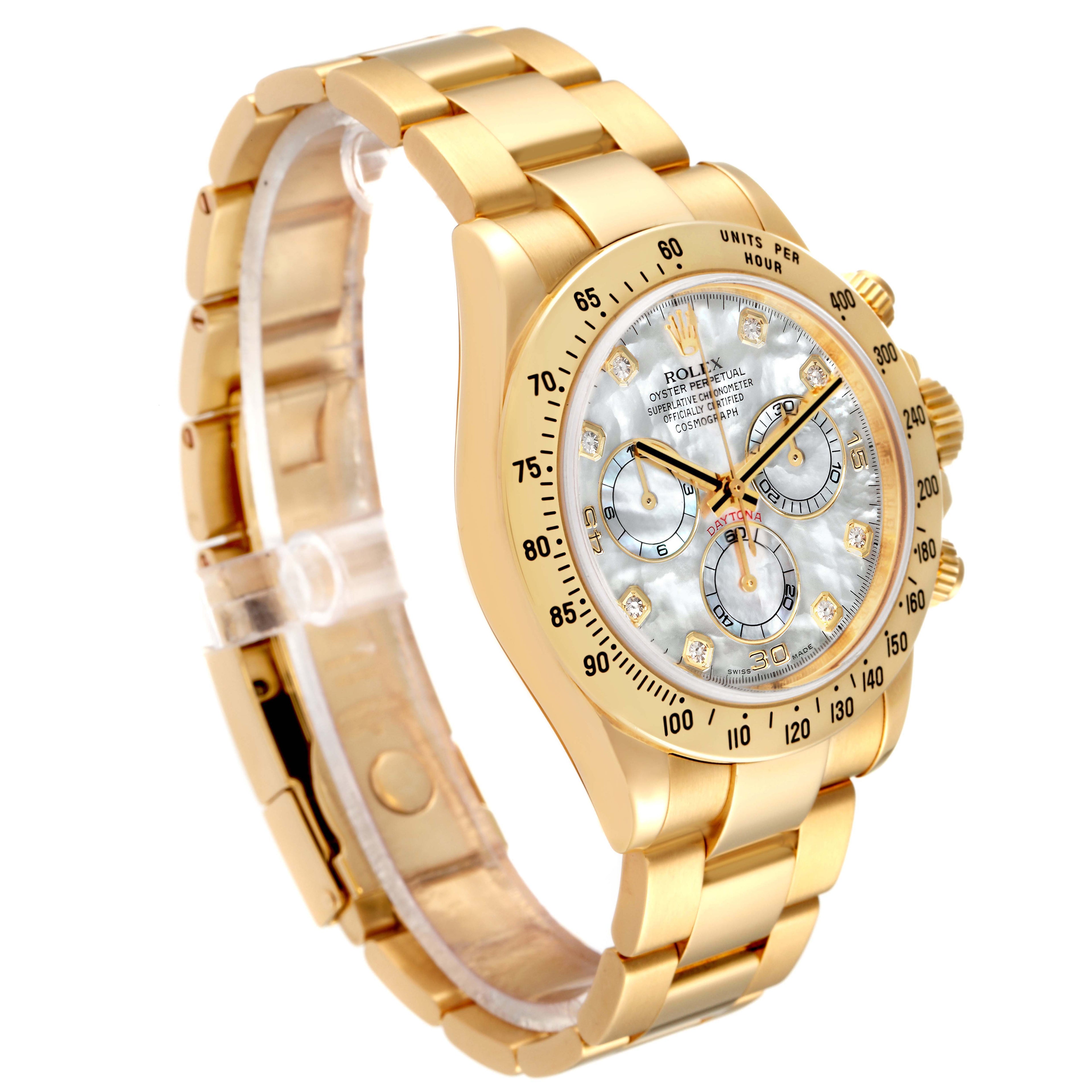 Rolex Daytona Yellow Gold Mother of Pearl Diamond Dial Mens Watch 116528 Box Card