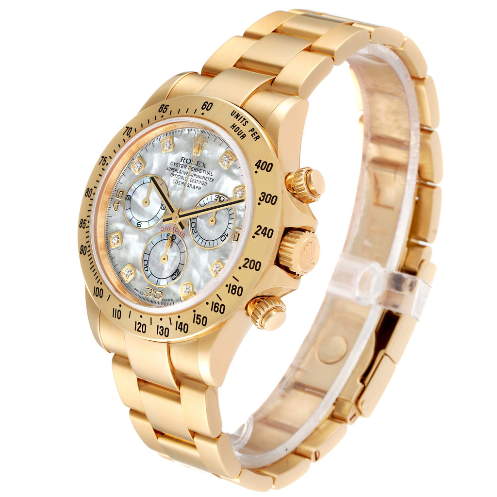Rolex Daytona Yellow Gold Mother of Pearl Diamond Dial Mens Watch 116528 Box Card