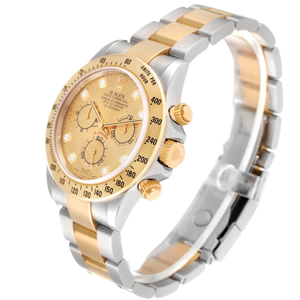 Rolex Daytona Yellow Gold Steel Champagne Diamond Dial Watch 116523 Box Papers