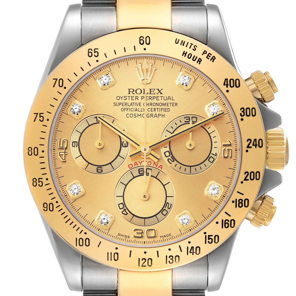 Rolex Daytona Yellow Gold Steel Champagne Diamond Dial Watch 116523 Box Papers