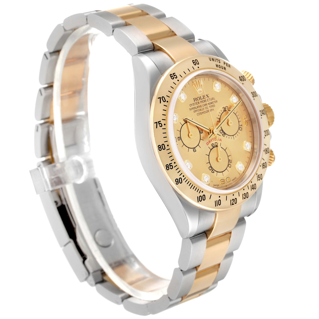 Rolex Daytona Yellow Gold Steel Champagne Diamond Dial Watch 116523 Box Papers