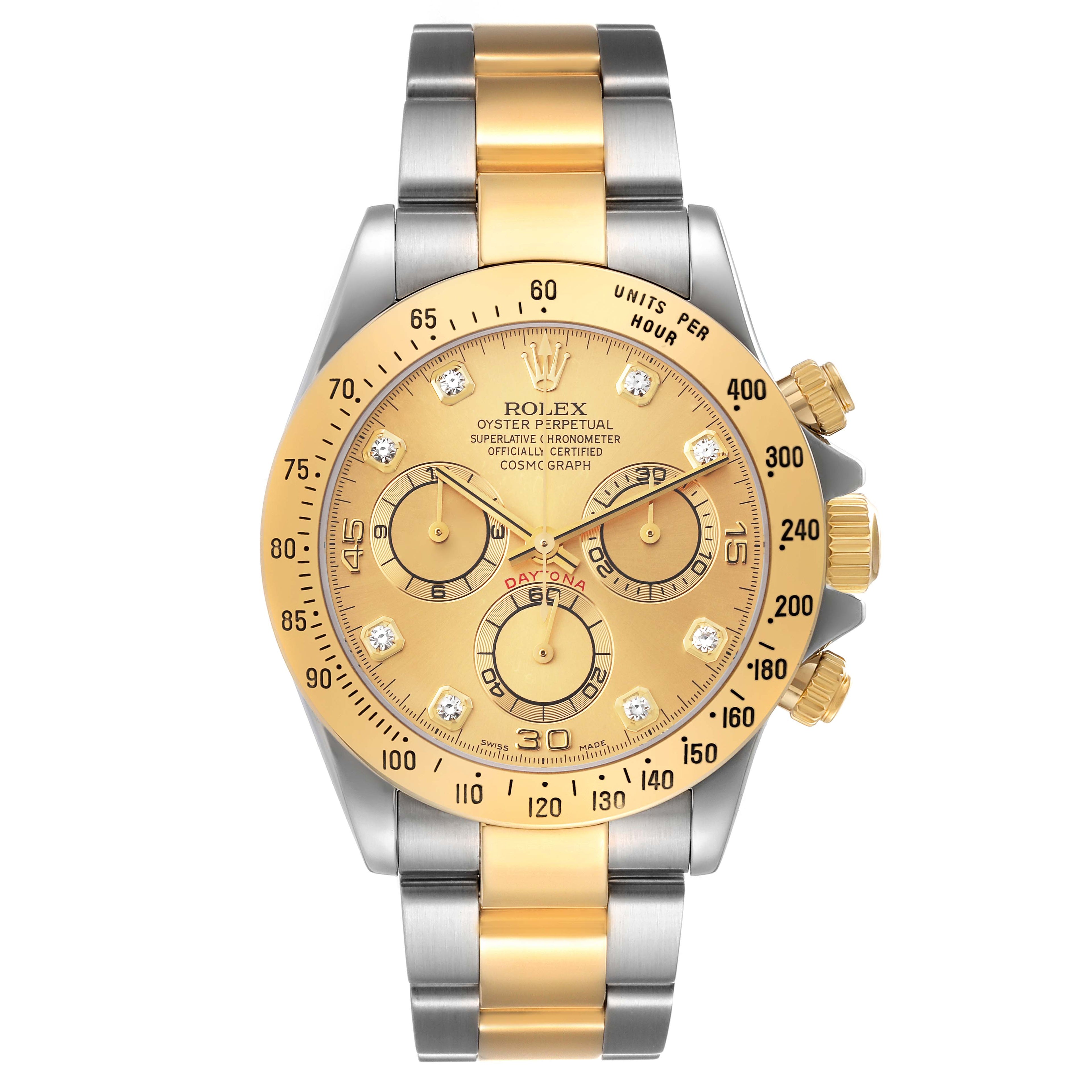Rolex Daytona Yellow Gold Steel Champagne Diamond Dial Watch 116523 Box Papers